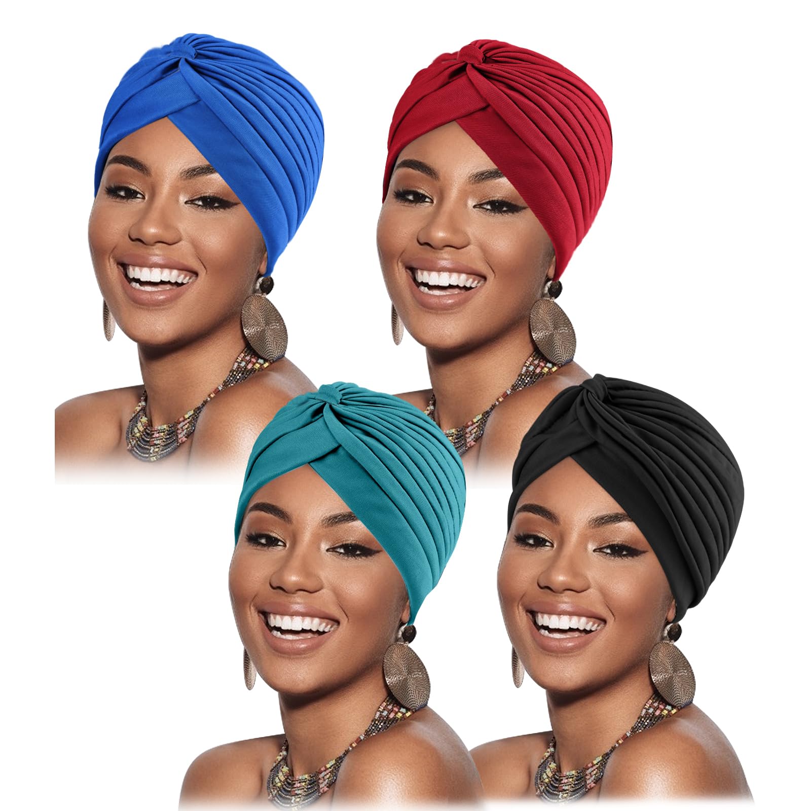 DRESHOW 4 Pack Women Turban African Pattern Knot Headwrap Beanie Pre-Tied Bonnet Chemo Cap Hair Loss Hat