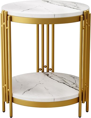 Miniatura 7 de Aklaus Mesa auxiliar redonda, mesa auxiliar redonda con parte superior de mármol sintético negro, mesa auxiliar de camamesita de noche con estantes