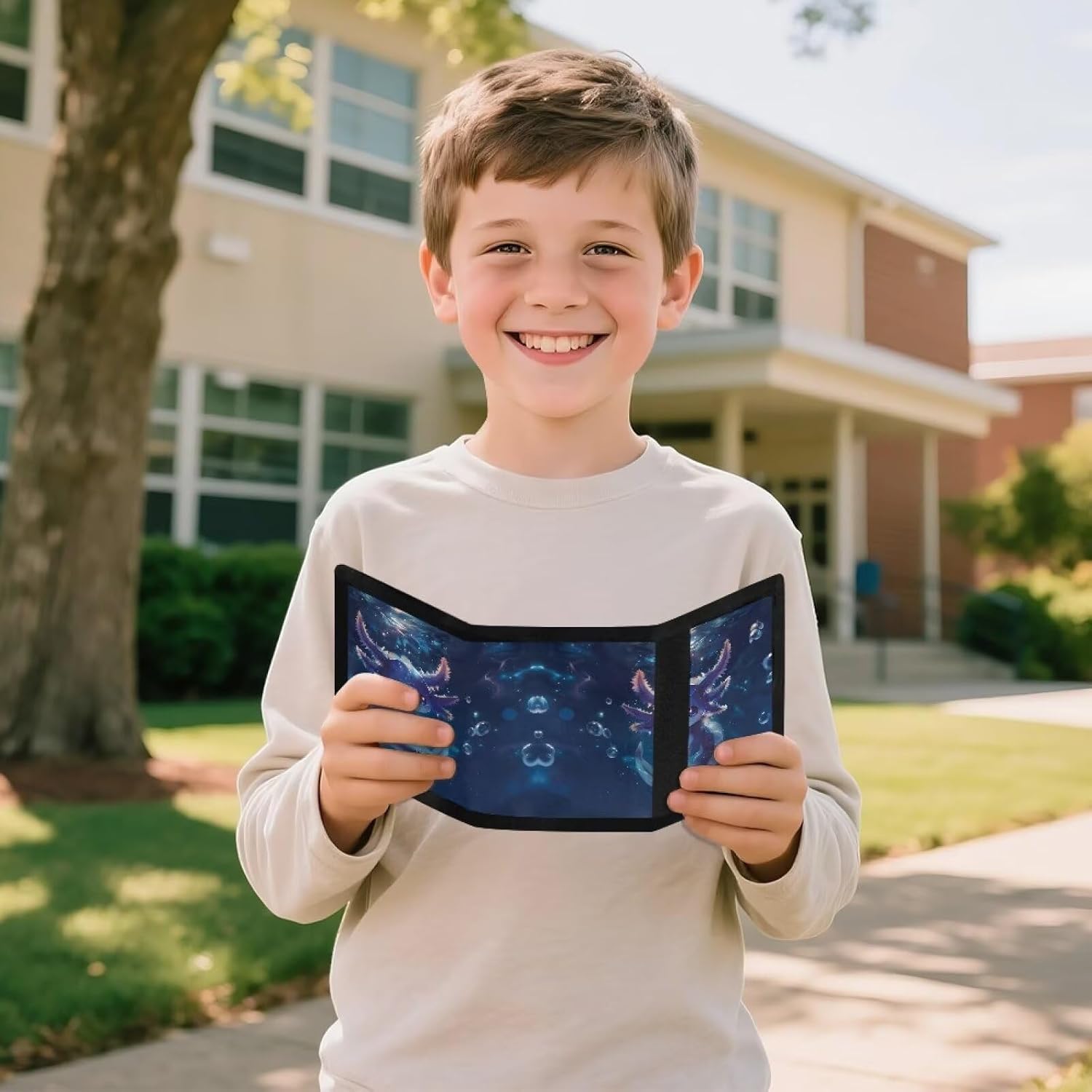 Rnyleeg Axolotl Wallets for Boys Canvas Boys Wallets for Kids Ages 5-7 8-10 RFID Blocking Trifold Purse with Coin Pocket and Card Holders Novelty Wallet for Teenagers Youth Men
