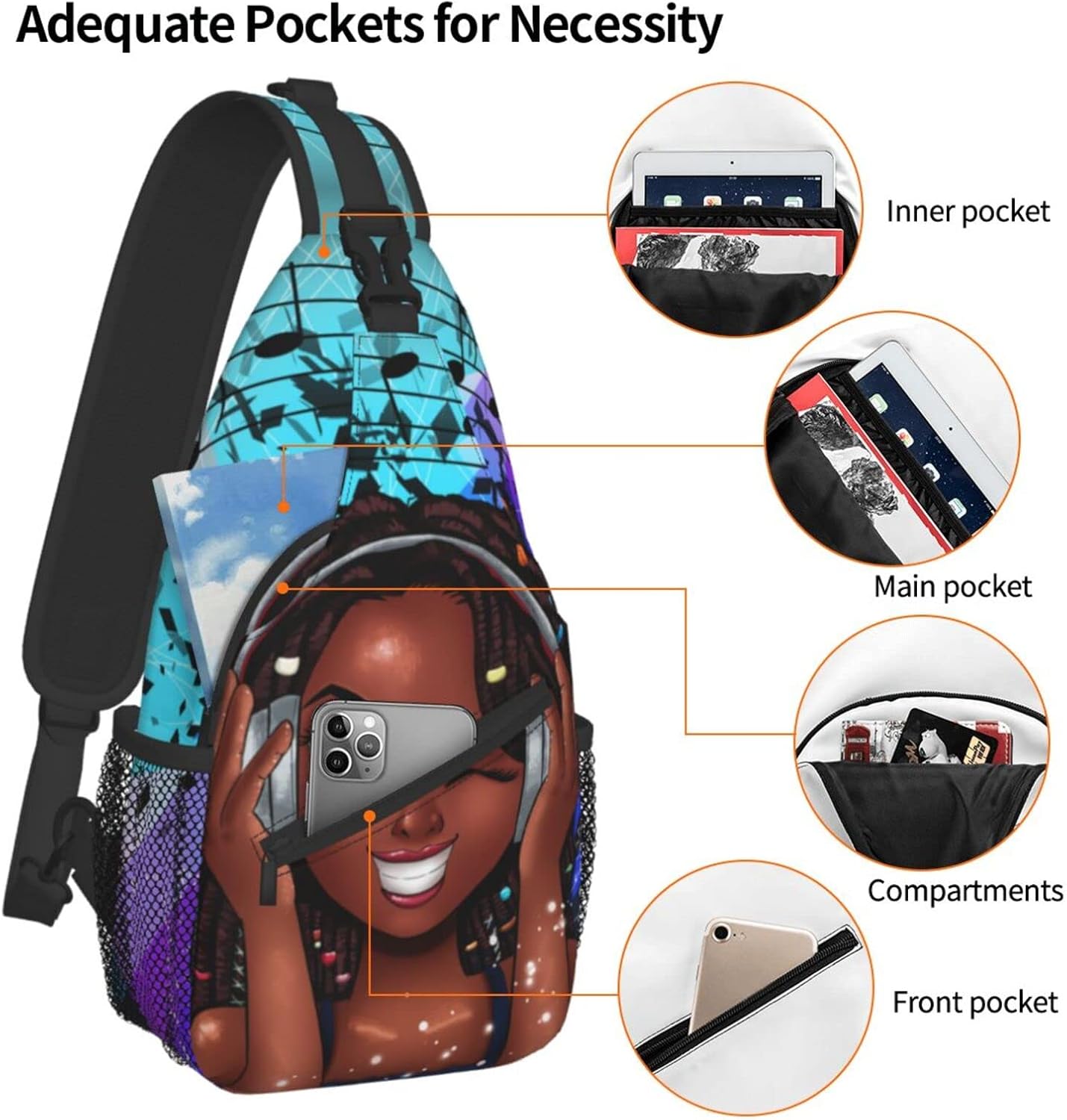 sling bag for women crossbody chest bags Sling Backpack Travel Hiking Daypack for Women Men Shoulder Bag for Casual Sport Climbing Runners African American Black Girl Music (Glasses case included) - Image 4
