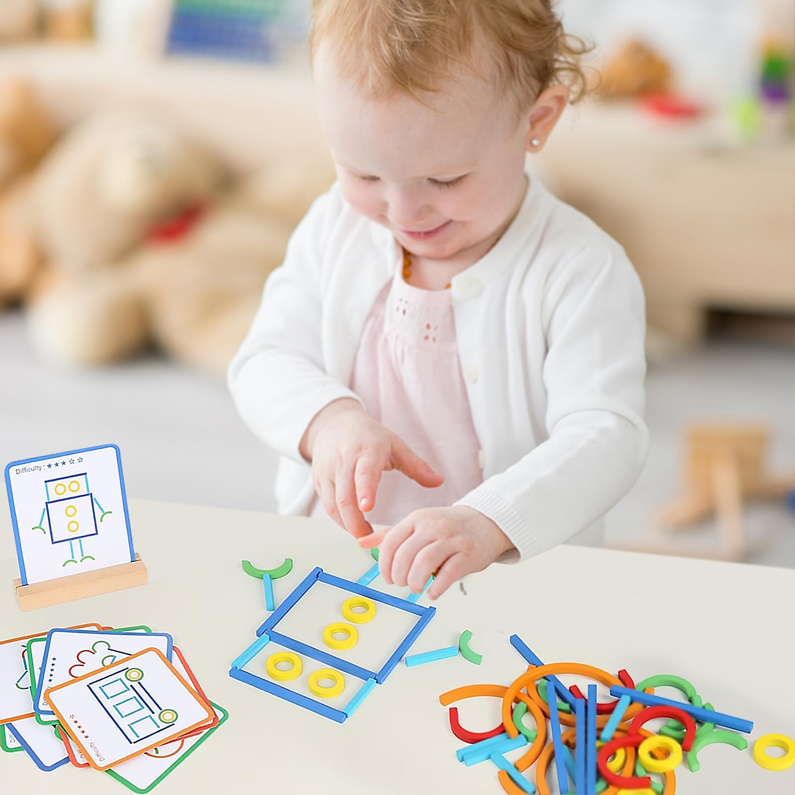 Montessori zabawka edukacyjna od 3 lat, zabawka Montessori, gry w przedszkolu, 120 drewnianych sztuk i pierścieni, 20 kart na niezliczone ekscytujące figurki, zabawka edukacyjna, ratowanie geomowe