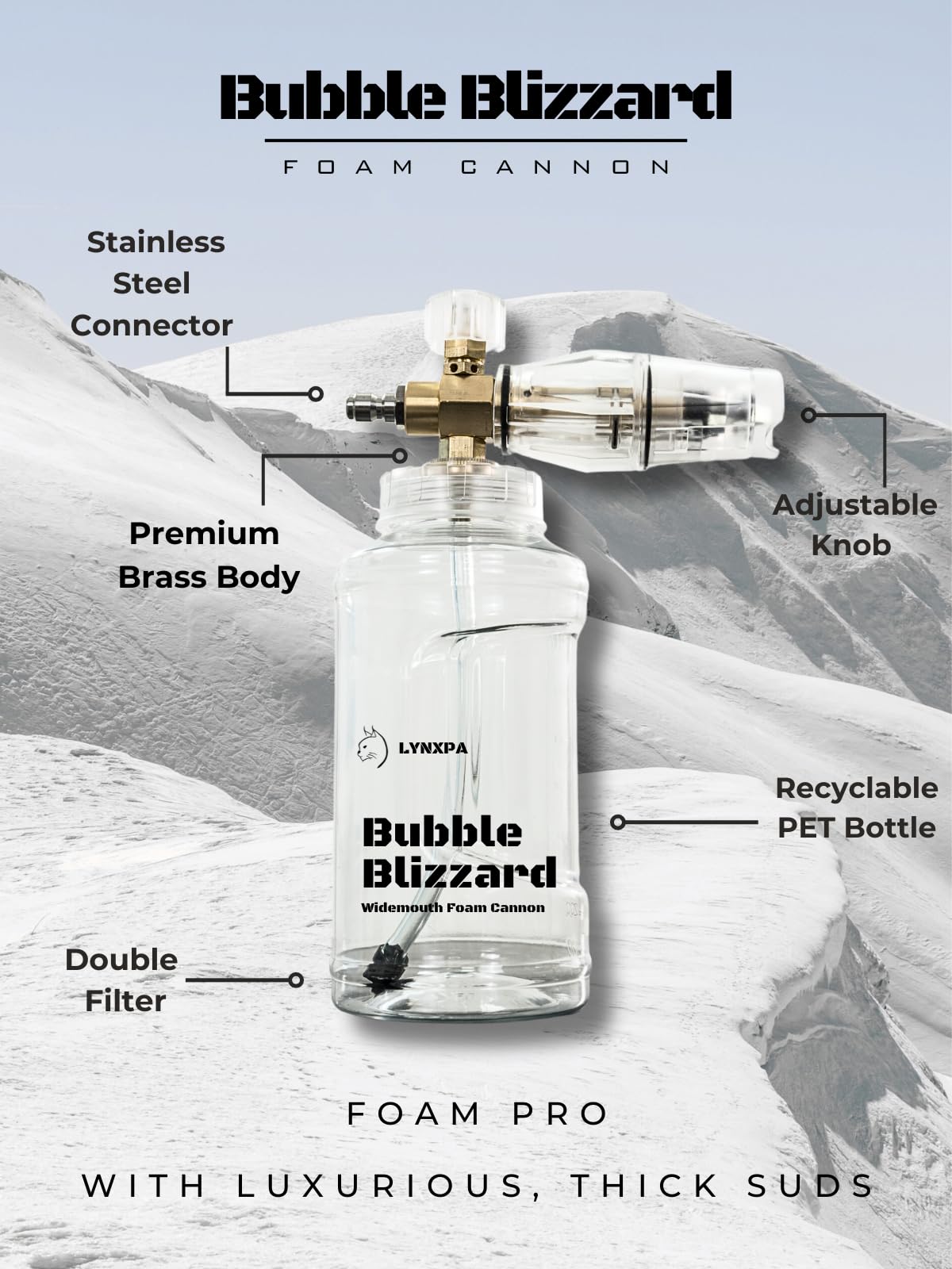 Bubble Blizzard - Cañón de espuma premium para lavadora a presión, boca ancha, lanza de espuma gruesa ajustable con conector rápido de 1/4 pulgadas para lavado de coche, barco y hogar, 4000 PSI