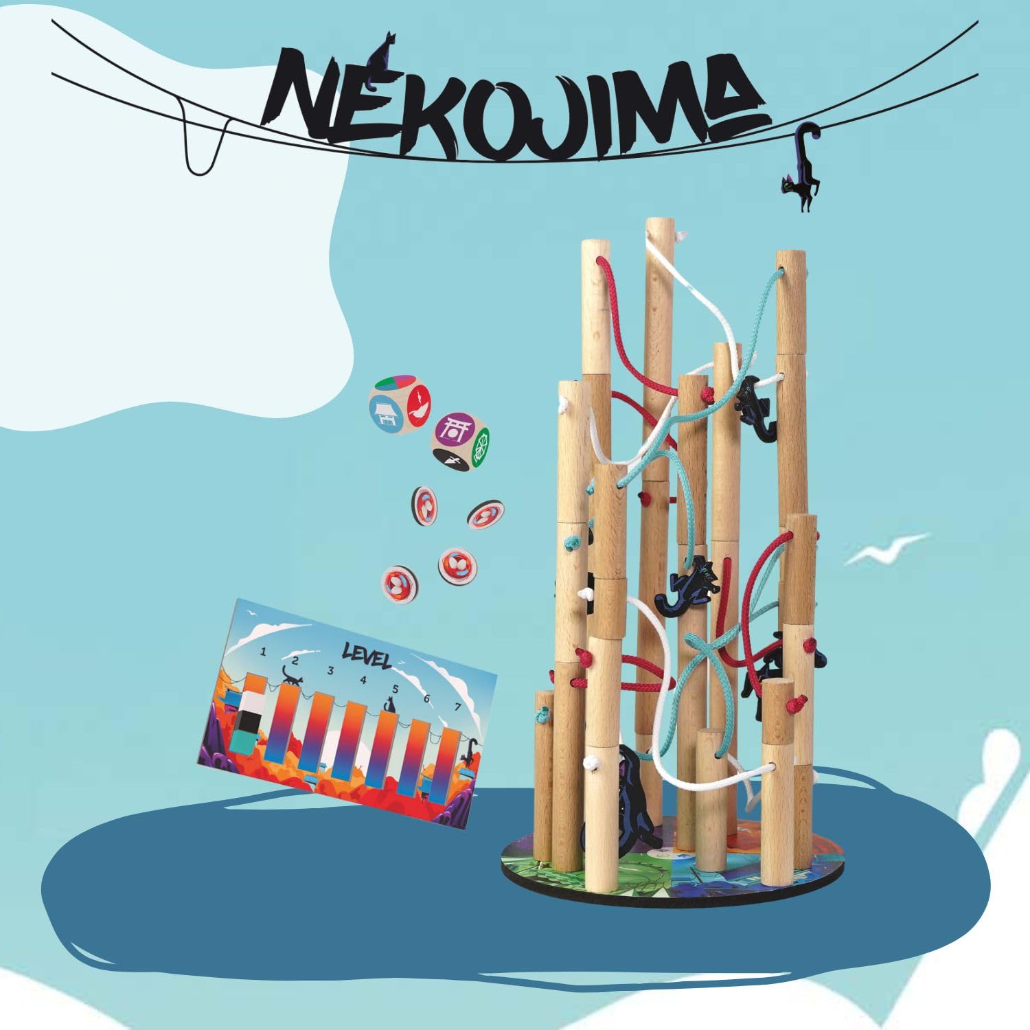 HUCH! Nekojima | Jeux de société à partir de 7 Ans | Jeux d'adresse | Écoliers | Cadeaux en Bois | Île des Chats au Japon | pour 1 à 5 Joueurs à partir de 7 Ans