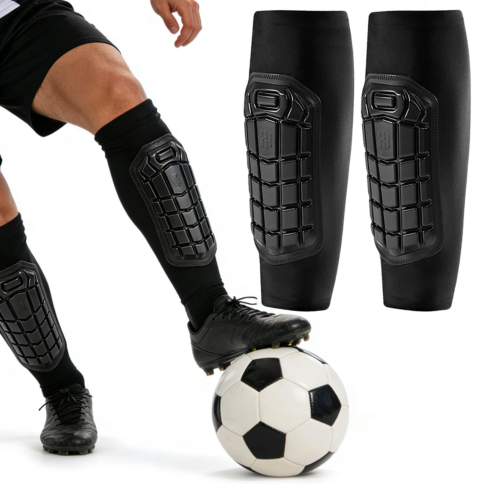 2PCS Football Shin Pad Sleeves, 1 Pair PU Shock Absorption Shin Guards with Silicone Anti-Slip Strips, Comfort Compression Protective Gear for Teen Adult