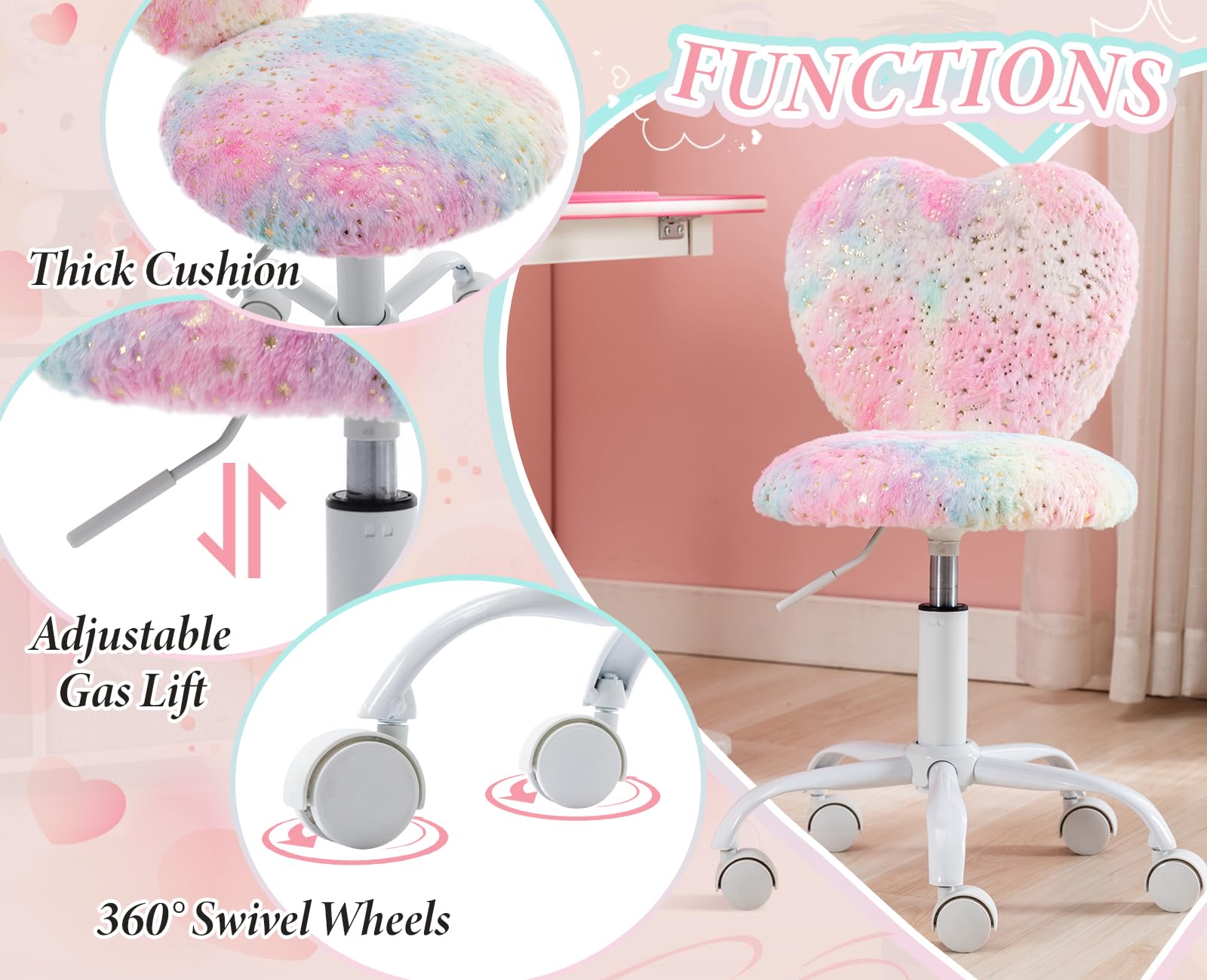 chairus Silla Escritorio Niña de Piel Sintética Silla Infantil de Corazón, Silla Giratoria de Estudio para Niñas con Ruedas y Altura Ajustable, Rosa