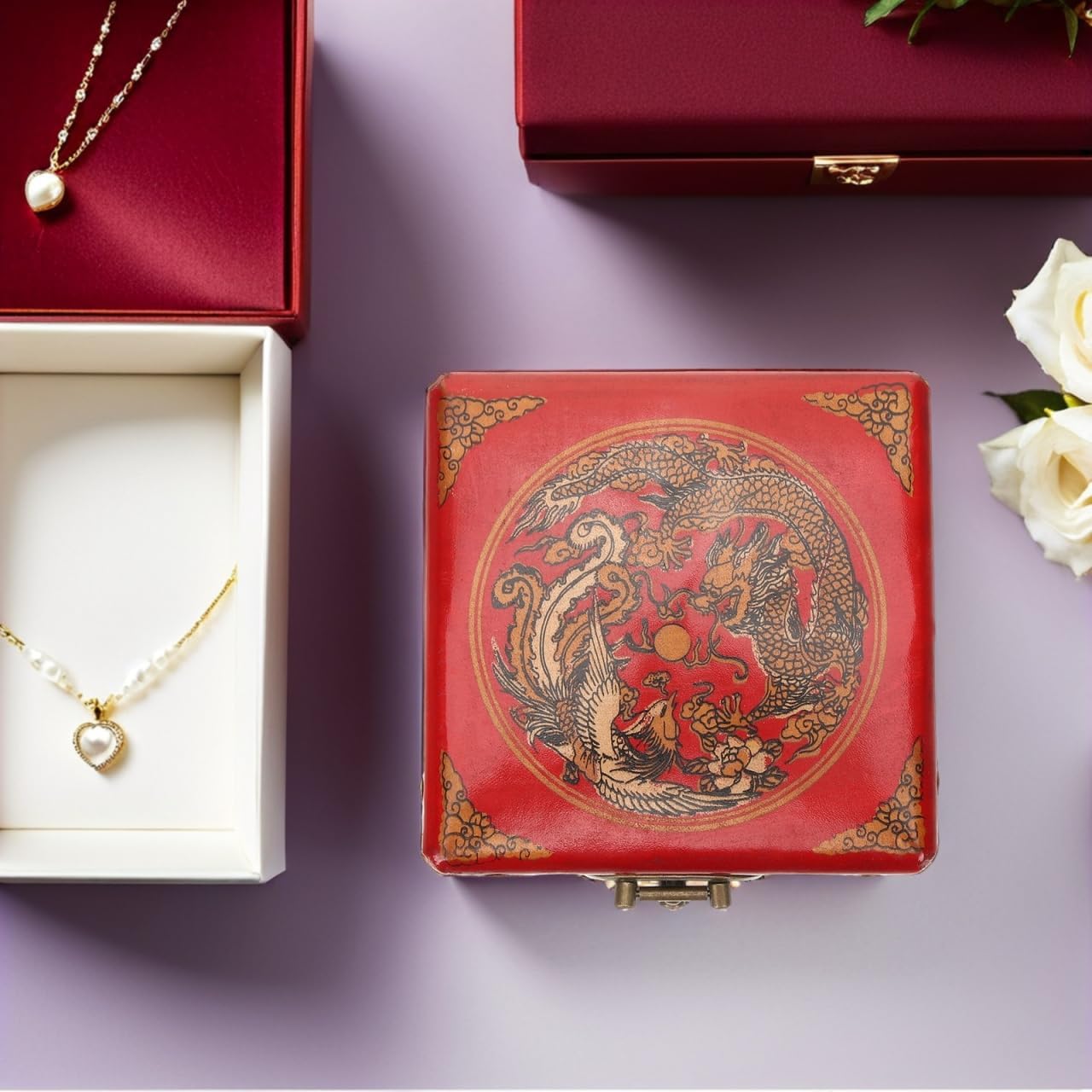 OSALADI Chinese Jewelry Box Handmade Vintage Jewelry Organizer Wooden Box Antique Trinket Case Dragon Bangle Container Bracelet Holder for Women Treasure Earring