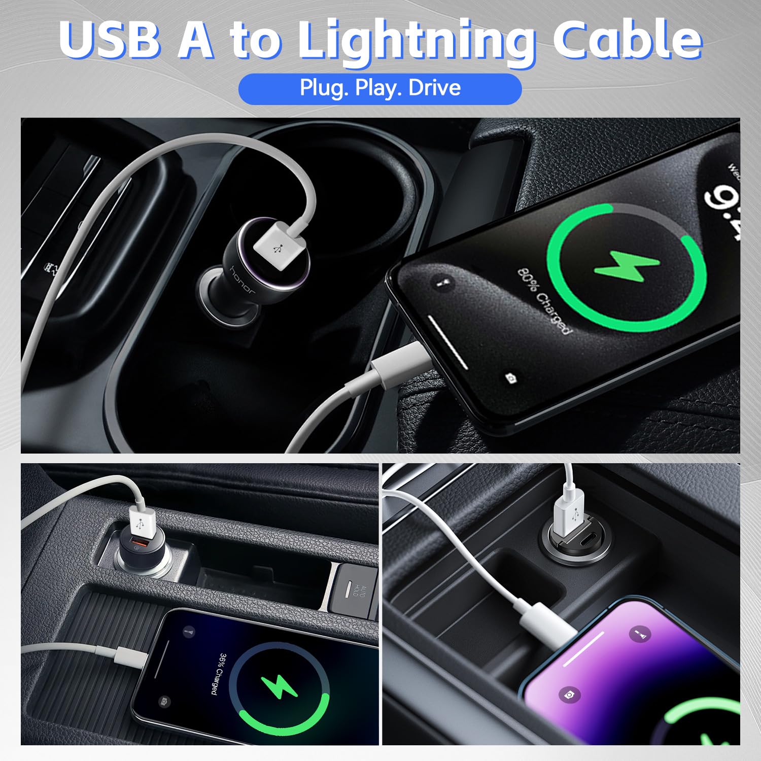 Lot de 3 câbles de charge Apple Carplay pour voiture, USB A vers Lightning, 1,0 m, compatible iPhone 14/13/12/11/Pro/Max/XR/XS/X/8/7/6S Plus/5S/SE 3ème/iPad Pro/Air/Mini