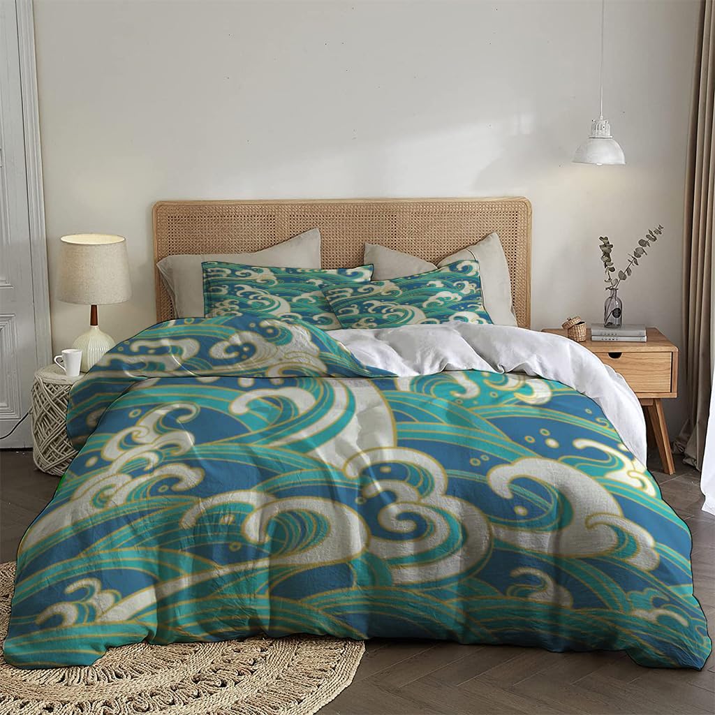 NIBAINLO 布団カバー海の波と泡の飛沫 肌に優しい ピーチスキン加工 掛け布団カバー 和式 洋式 あったか 布団カバーセット リバーシブル ホームステイ ホテル 家庭兼用