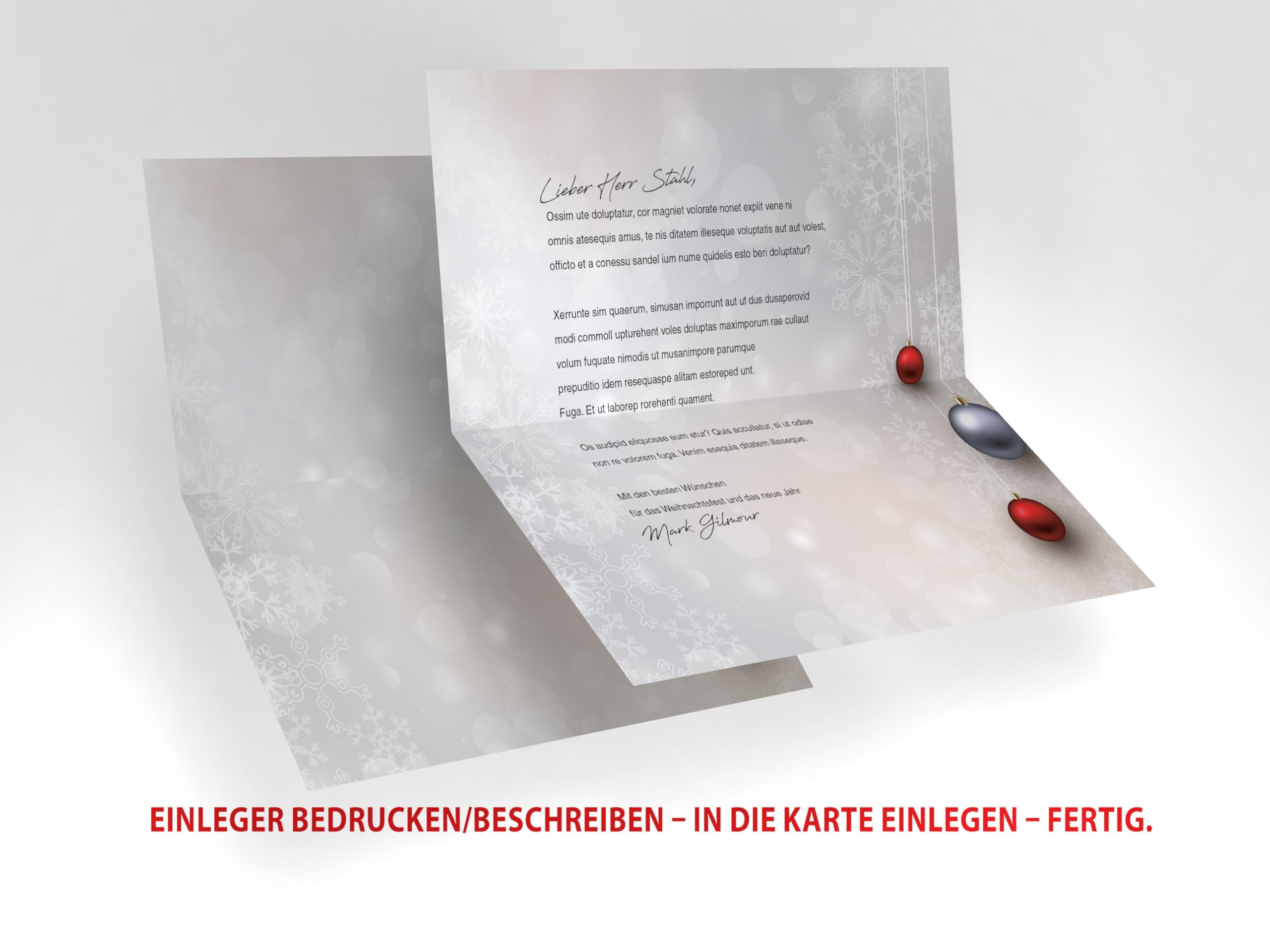 Weihnachtskarten Komplett-Set | Weihnachtskugeln Rot und Silber | 50 Karten-Sets mit Einleger und Kuvert | weihnachtliche Klappkarten