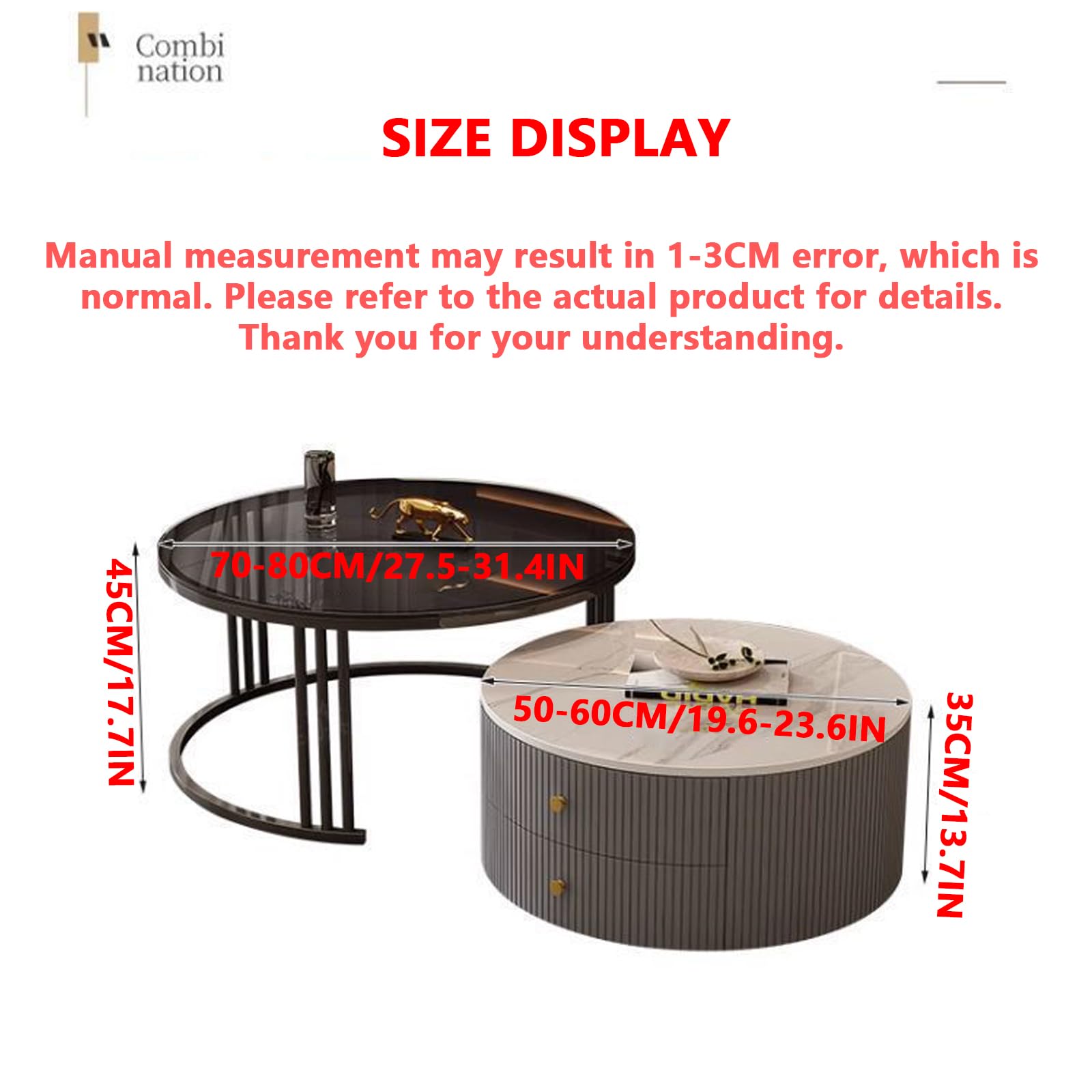 Set di 2 tavolini da caffè rotondi moderni, eleganti e funzionali, per soggiorno, camera da letto, ufficio, balcone, facile manutenzione, design salvaspazio (59,9 x 34,8 cm e 80 x 45 cm)