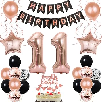 Balloon 11th Birthday Decoration Rose Gold Black Birthday Decoration 11 Years Cake Decoration Birthday 11 Girl Happy Birthday 11 Girl