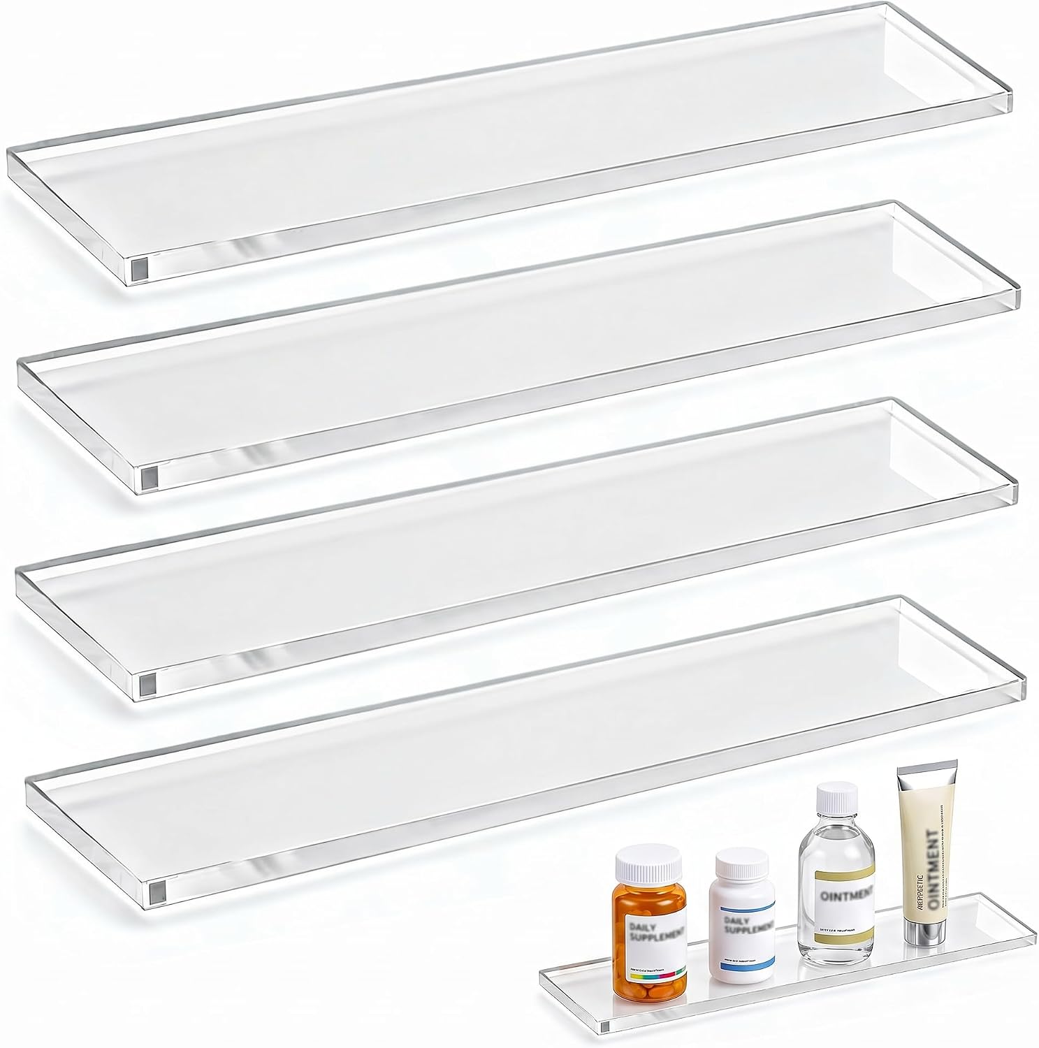 4PCS Acrylic Medicine Cabinet Shelves Replacement,13.00x2.99x0.31Inch Shatterproof High Clarity Clear Shelf Insert,Wall Mounted Hanging Organizer for Bathroom Kitchen Living Room Bedroom Cabinet