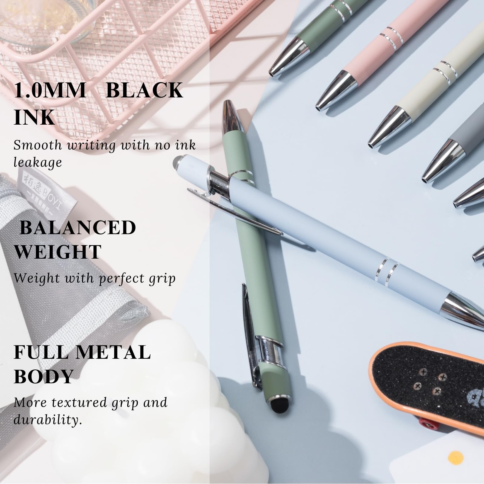 mumrap 10 pcs Ballpoint Pens Retractable Multipack 2 in 1 Pens Set including Stylus tip Black Ink funny pens for work colleagues cute stationary Women Men office gift(Morandi color) - Image 3