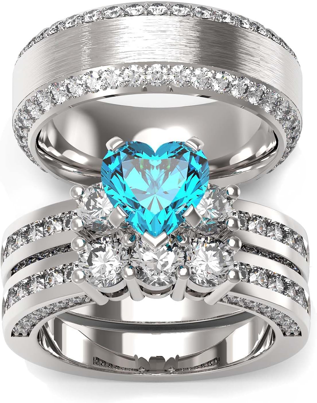 TWO RINGS Wedding Ring Sets His And Hers Promise Ring Couples Bridal Sets Women 925 Sterling Silver square Cz Man Stainless Steel Brushed Finished Wedding Bands