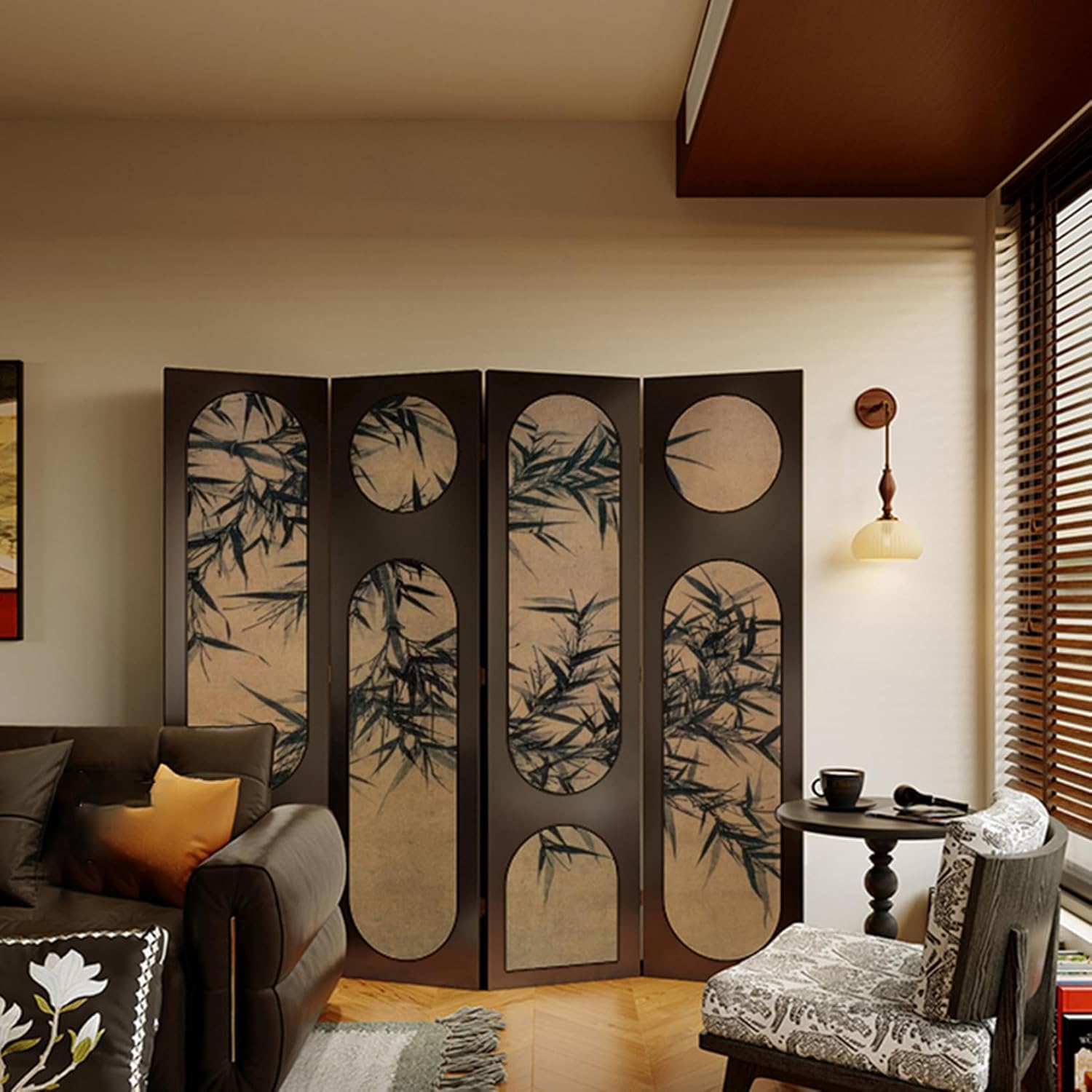 パーテーション　3連　木製　ブラインド機能付き　和風　目隠し パーテーション 3連 木製 ブラインド機能付き 和風 目隠し