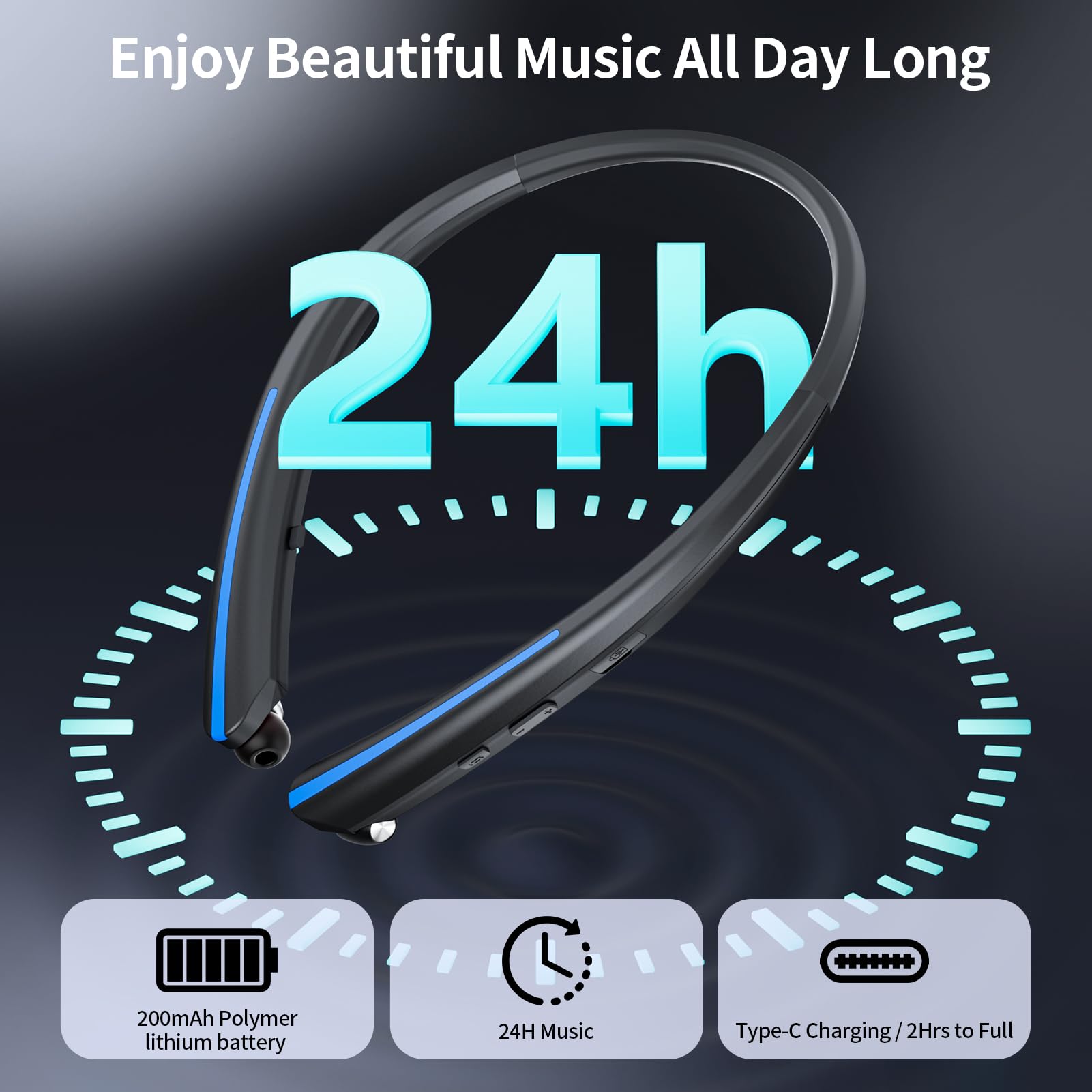 Cuffie Bluetooth retrattili con archetto da collo, cuffie wireless con 22 ore di riproduzione, sport resistenti al sudore, connessione a doppio dispositivo, auricolari con cancellazione del