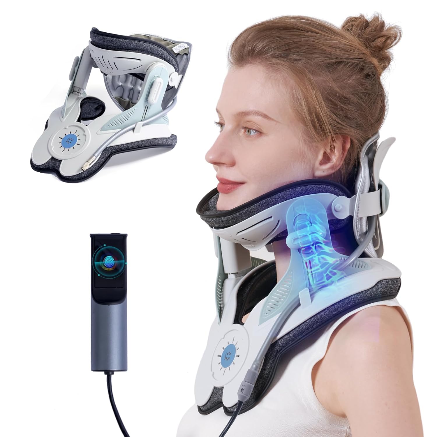 Dispositivo di trazione cervicale per allungamento del collo e supporto, con 3 Power Traction e 8 airbag supporto per dolore al collo, allungamento della colonna vertebrale, uso domestico, pompa ad