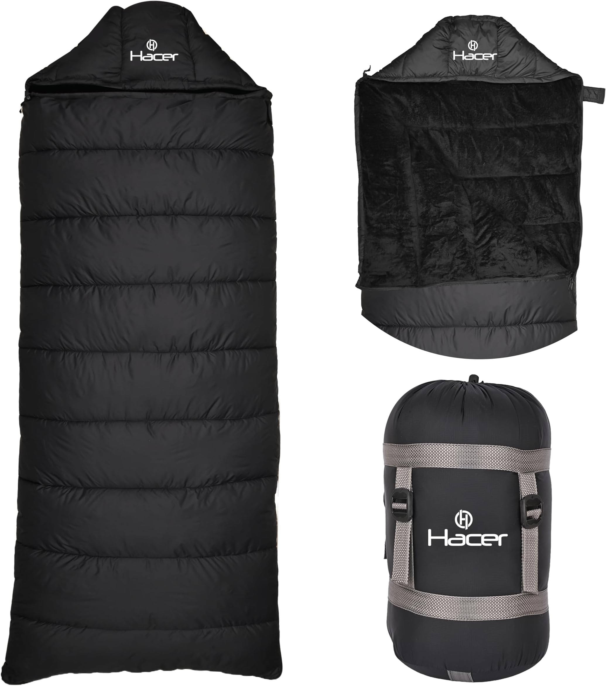 Hacer Kedarkantha Camping Sleeping Bag -5°C to +5°C Half Mummy & Half Rectangle Shape Soft Faux Fur Lining Design Hiking Trekking Travel for Baby, Men & Women - Height Upto 7.2ft- (Dark, Black, 2 kg)