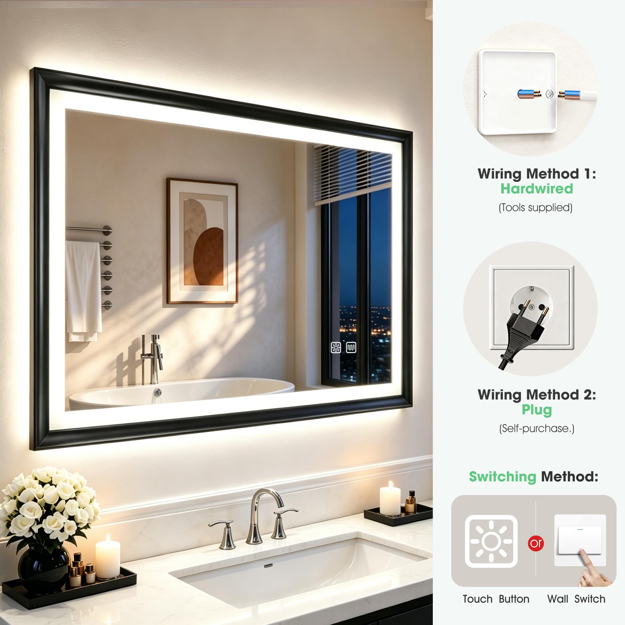 S'bagno Badspiegel mit Beleuchtung 70x50cm, Schwarzer Rahmen | LED Badezimmerspiegel mit Anti-Beschlag, 3 Farben, Dimmbar, Memory, ESG-Glas, CRI>90, IP44, Horizontal/Vertikal