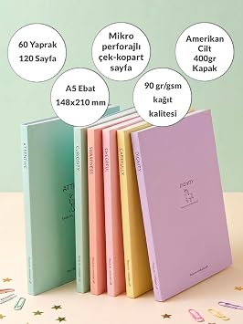 A5 Ebat Kalın Karton Kapaklı Ciltli 6'lı Defter Seti (2* Çizgili-Çizgisiz-Kareli) 128 Sayfa 90 gram Amerikan Cilt Pastel Seri Çek Kopart Sayfa Mikro Perforaj