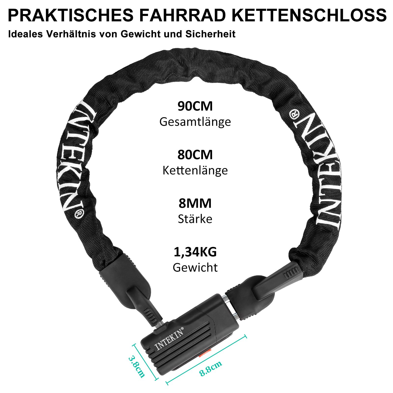 Catena Bicicletta da 90 cm, pesante Catena Bici Antifurto, Lucchetto a Catena in acciaio Temprato da 8 mm, Catena di Serratura per Moto, E-Bike, Recinzione, Cancello, 3 Chiavi