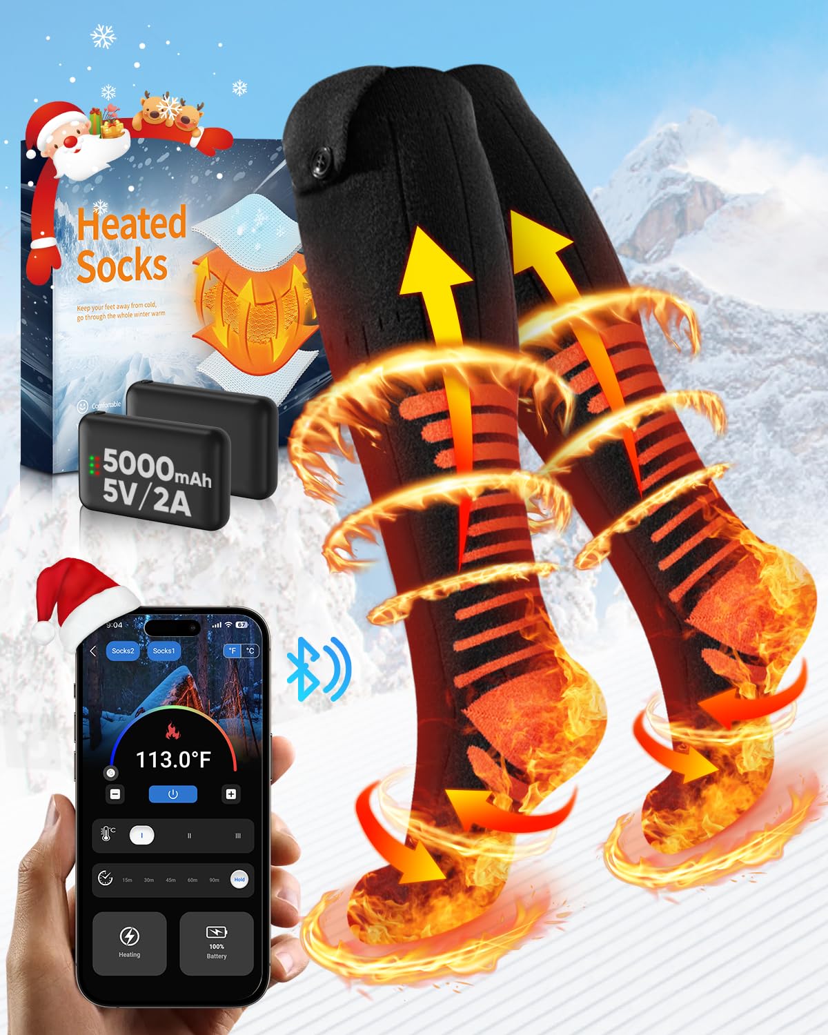 2025 Upgraded Chaussettes Chauffantes avec Contrôle APP, 5000mAh 5V Rechargeable Chaussette Chauffante, 3 Niveaux température & 360° Chauffage Chaussettes Chauffantes Homme Femme Lavables pour Chasse