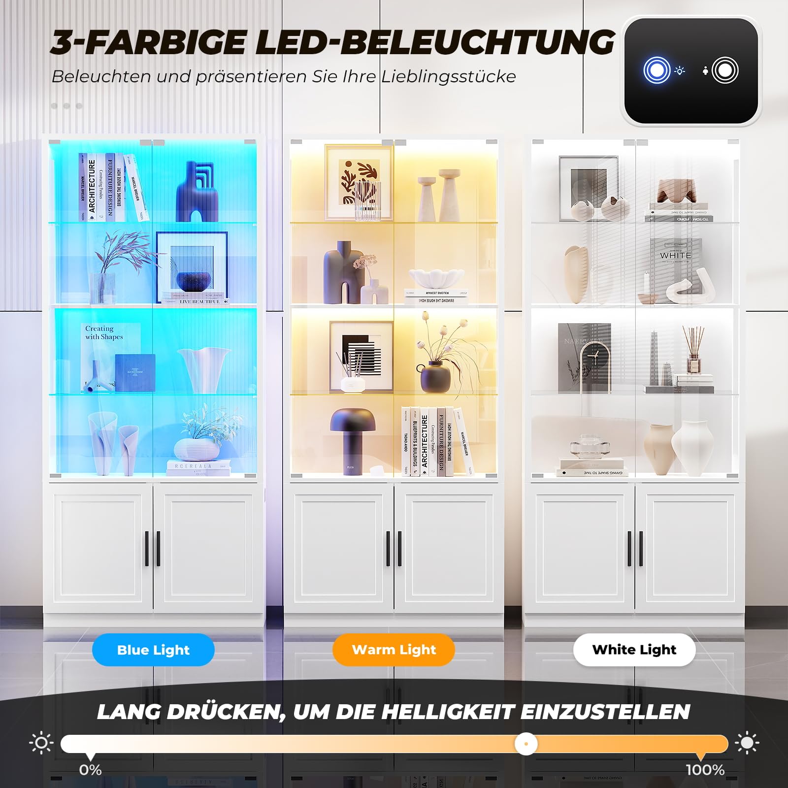 BROTTAR 170 cm Vitrine mit Glastüren, 4-stöckige Vitrine mit 2 herausnehmbaren Glasböden, Vitrine für Sammlerstücke, schwarz, weiß