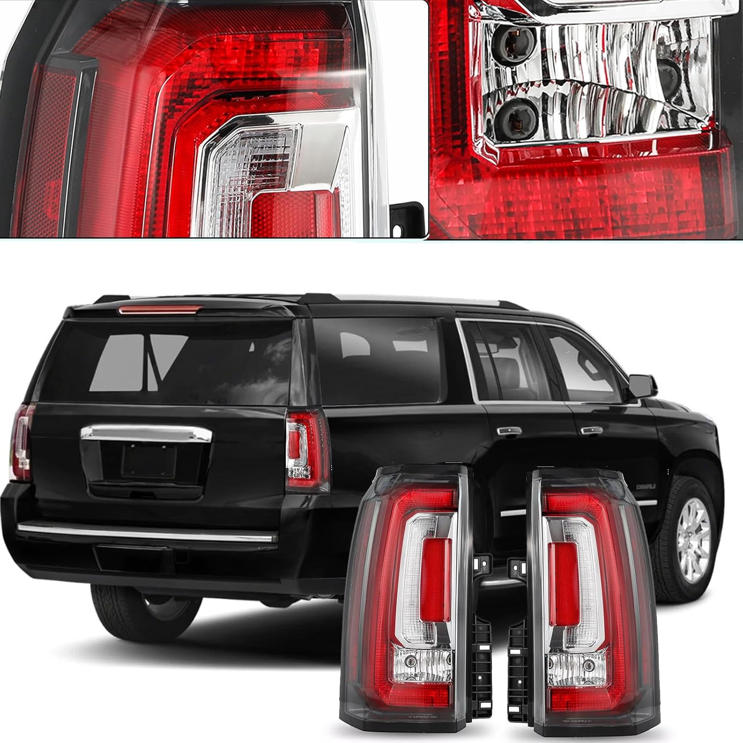 LED Tail Lights Assembly, For GMC Yukon Yukon XL Denali SLT 2015 2016 2017 2018 2019 2020 Taillights Rear Brake Lamps, Driver And Right Passenger Side With Bulbs Both Lights, Red Clear Lens