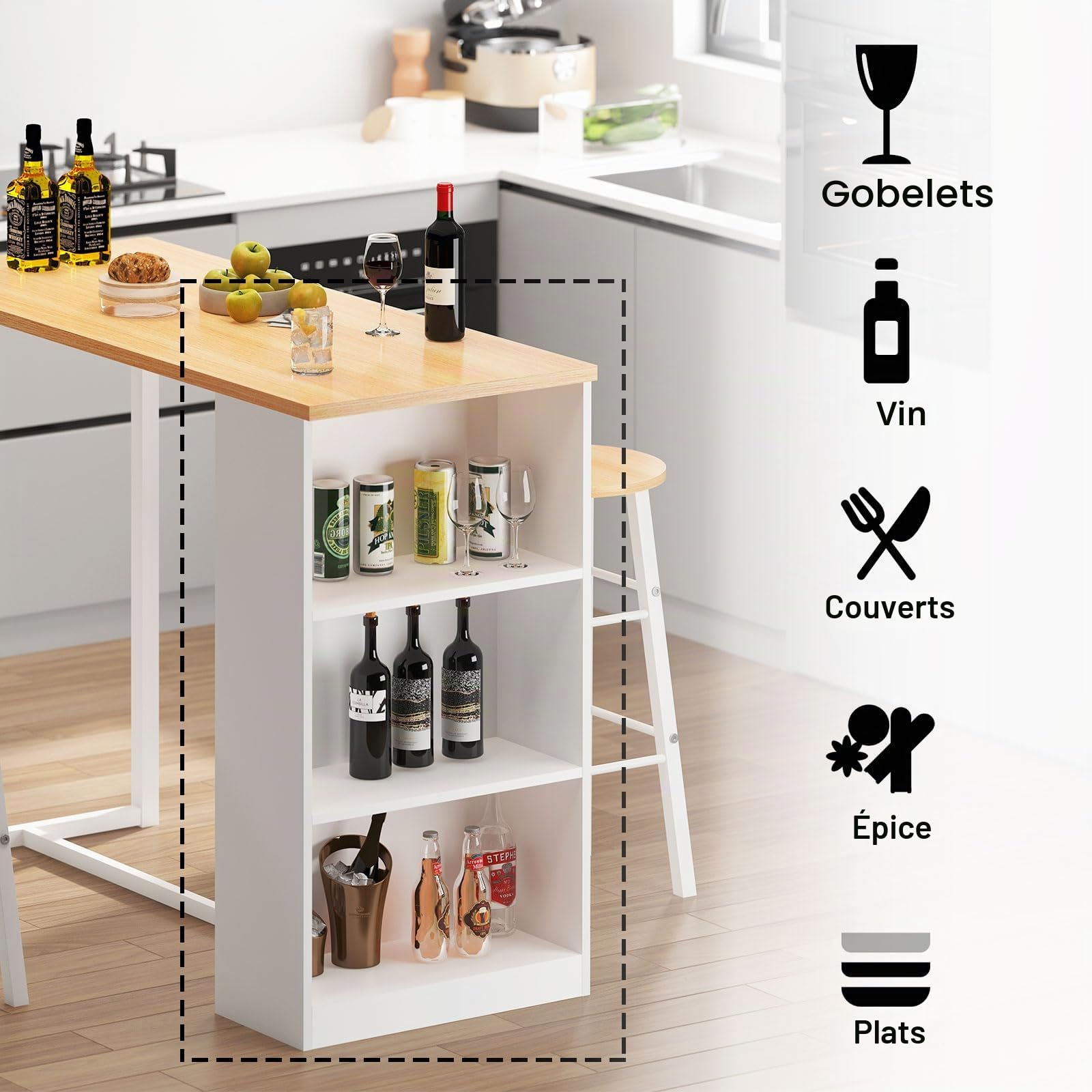 SDHYL Ensemble de Bar Table Haute avec 2 Tabourets Hauts Table de Bar avec 3 Étagères de Rangement pour 2 Personnes Table à Manger pour Salle à Manger/Cuisine Teck/Blanc