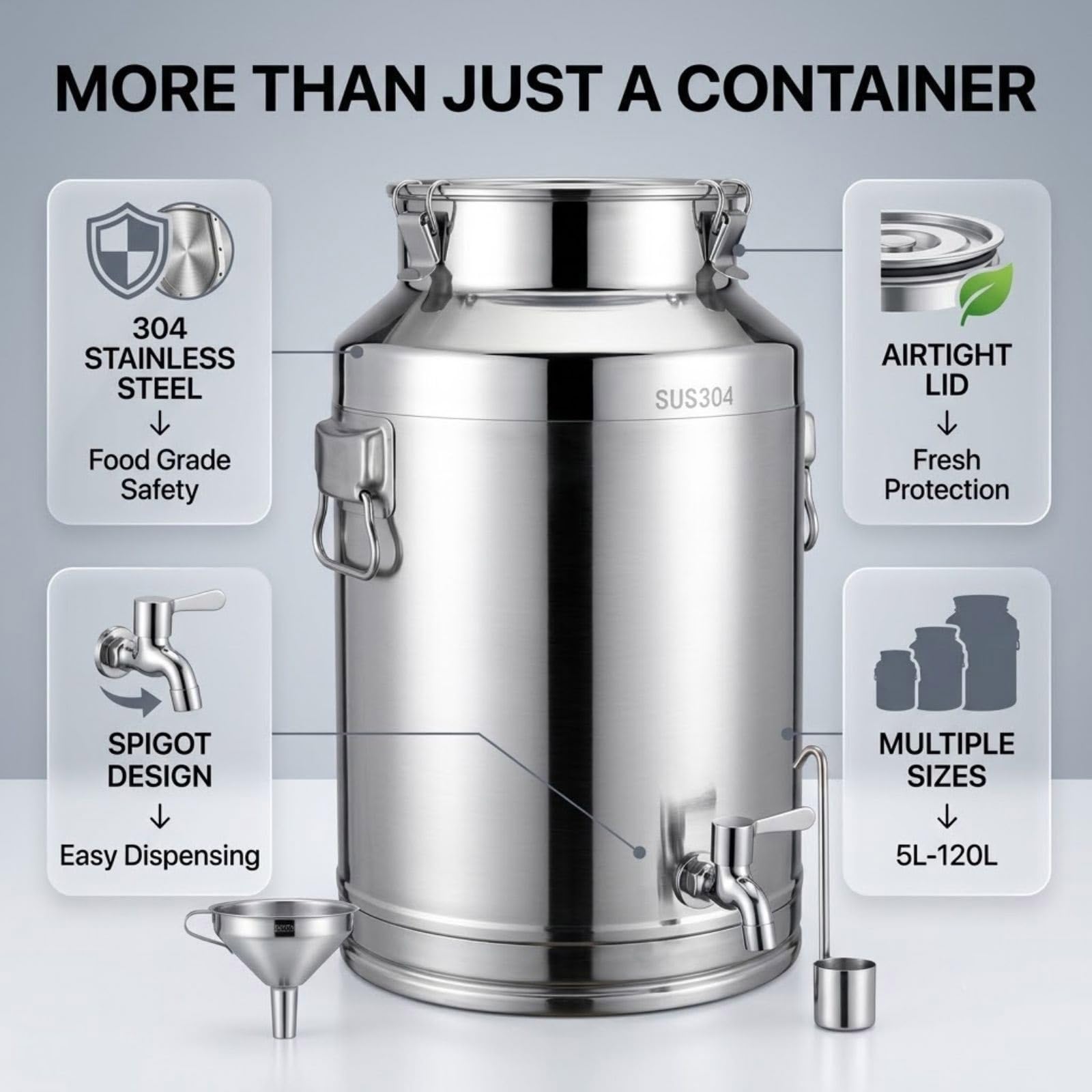 Dispensador de Bebidas y Agua de Acero Inoxidable 304 con Grifo | Barril Hermético 5L-120L para Aceite, Leche y Bebidas, Fácil Llenado para Uso Hogar y Comercial(68Liter)
