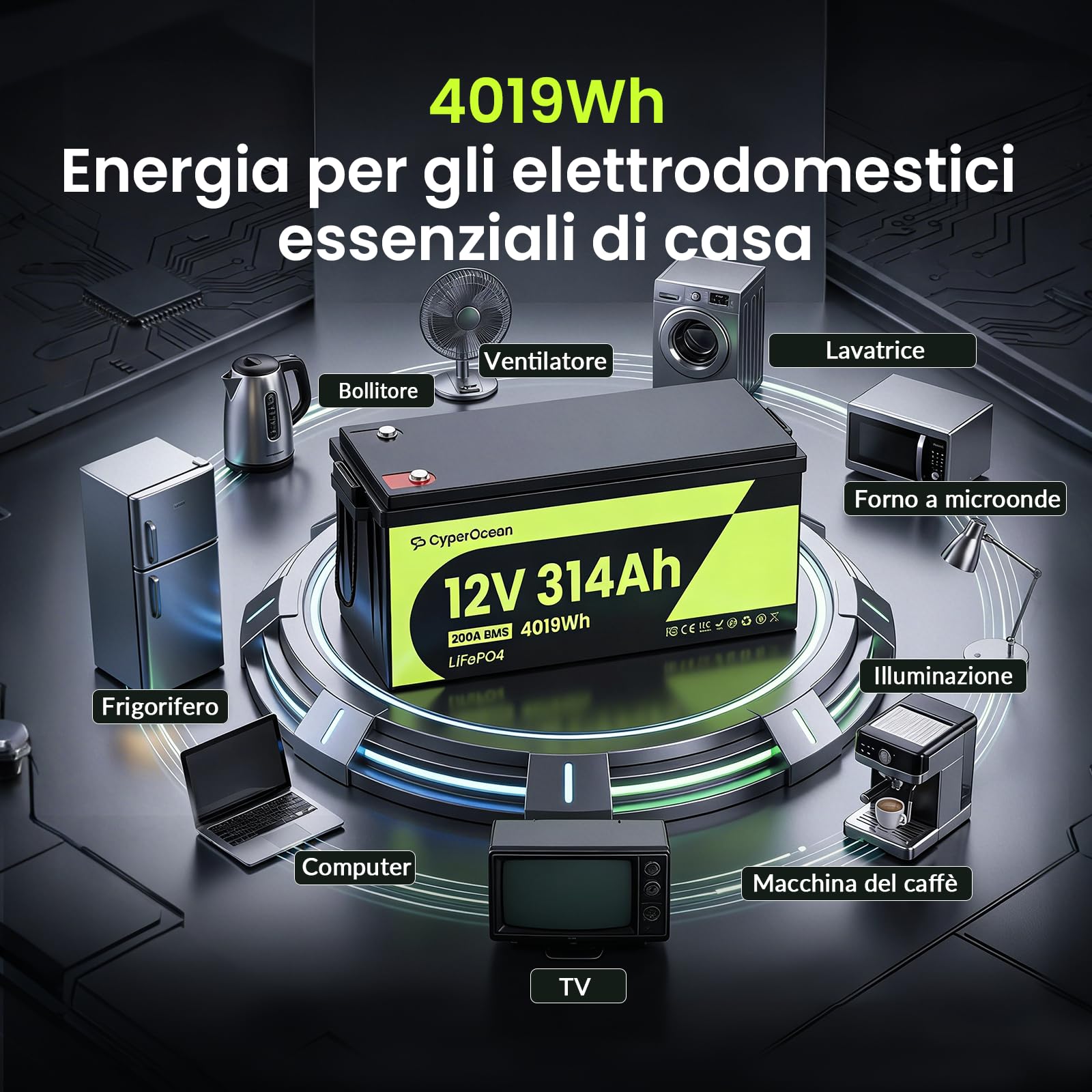 Batteria al Litio LiFePO4 12V 314Ah, Accumulatore Deep Cycle 4019Wh con Sistema BMS 200A, Celle Premium Grade A, Lunga Durata 6000+ Cicli, per Camper, Fotovoltaico, Barca, Off Grid Riserva