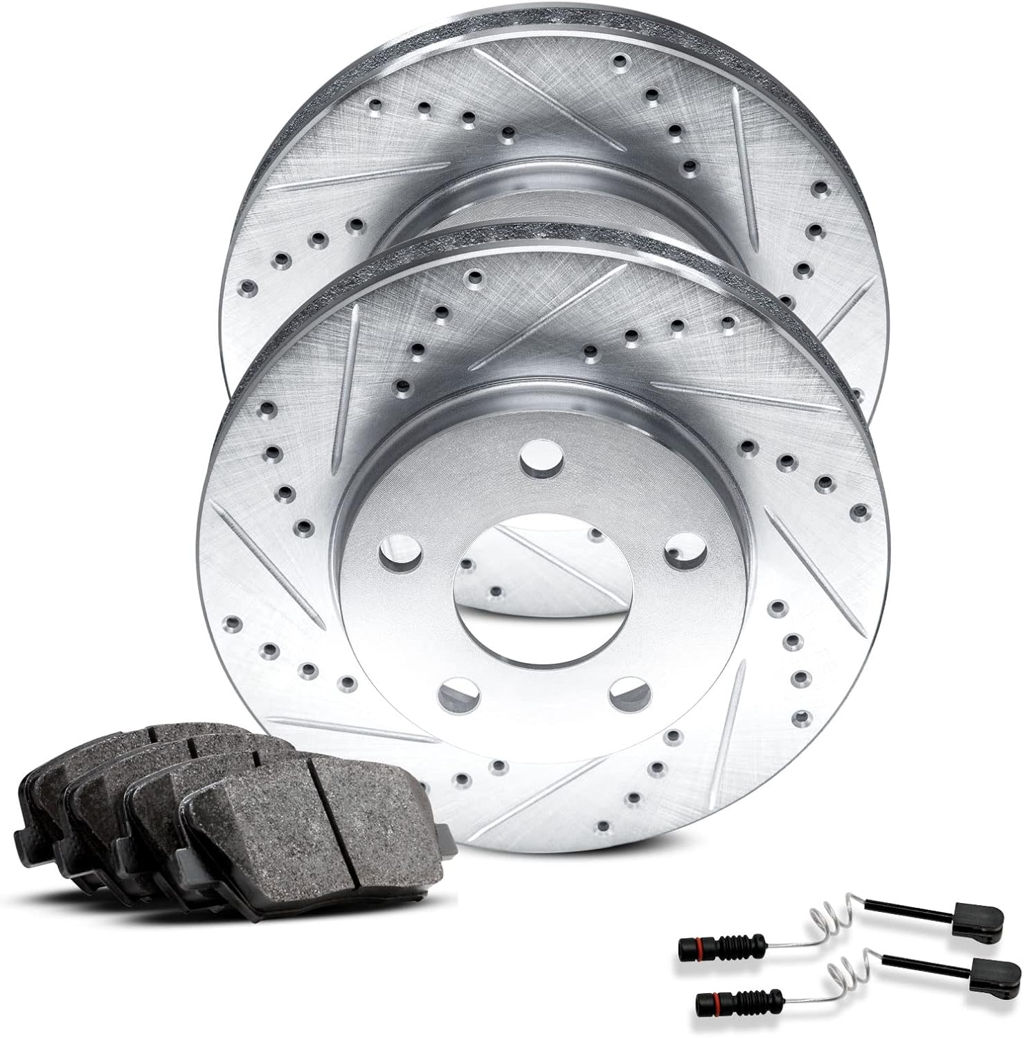 R1 Concepts Rear Brake Kit For 2010-2015 Mercedes-Benz C250, 2008-2012 Mercedes-Benz C300| Drilled Slotted Brake Rotors| Ceramic Brake Pads and Rotors Kit