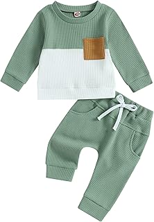 Infant Toddler Baby Boy Clothes Set 2Pcs Fall Winter Outfit Letter Print/Color Block Long Sleeve Sweatshirt Top Pants Sets 0 6 12 18 24 Months 2T 3T 4T 5T