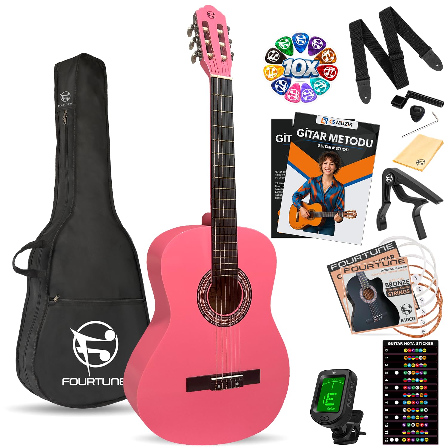 Fourtune Luca C-180PK Pembe Klasik Gitar Seti 4/4 Sap Ayarlı