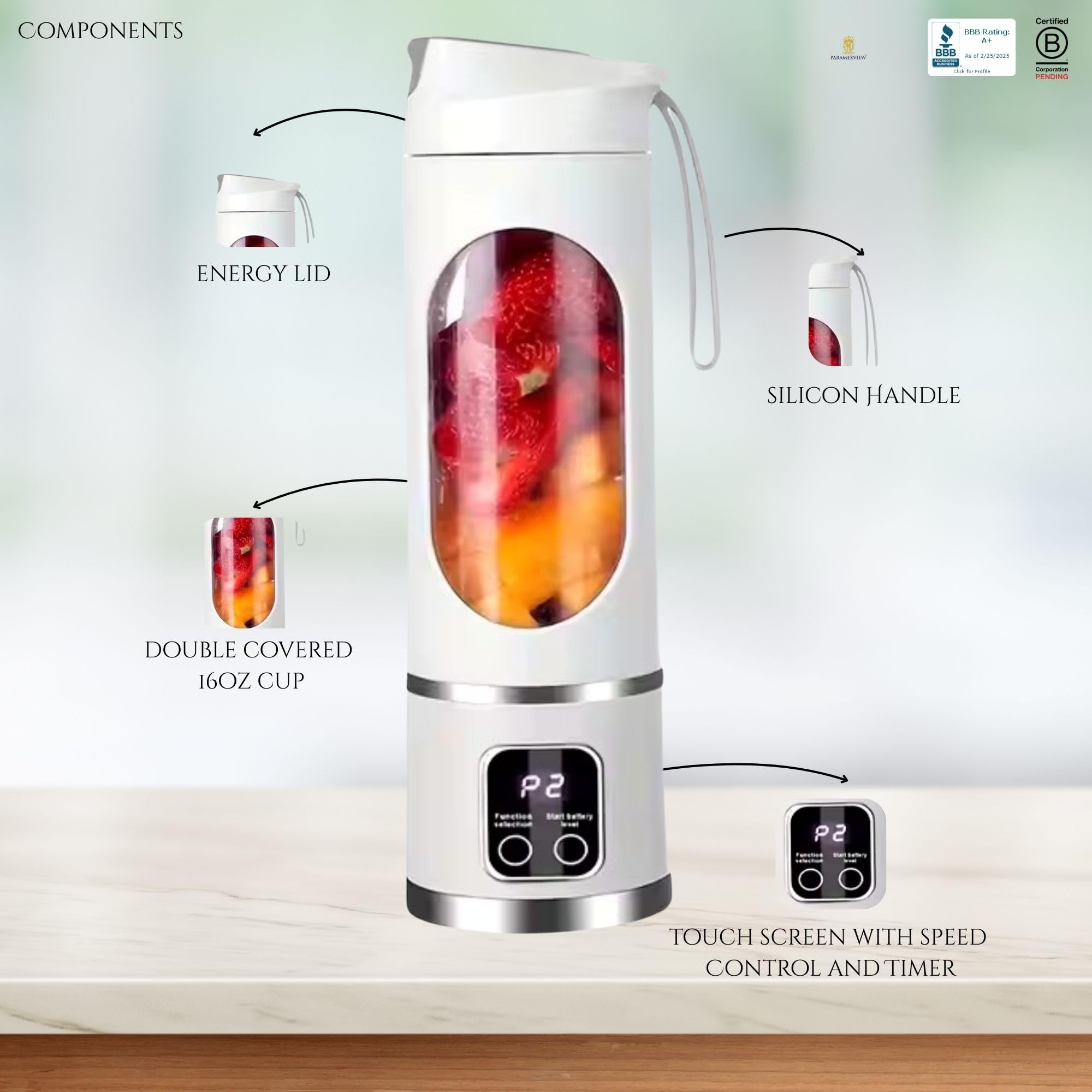 ® Licuadora portátil de 16 oz/16.9 fl oz para jugos y batidos con 12 cuchillas de acero inoxidable | Recargable por USB y control de múltiples velocidades | Licuadora portátil de fusión 2