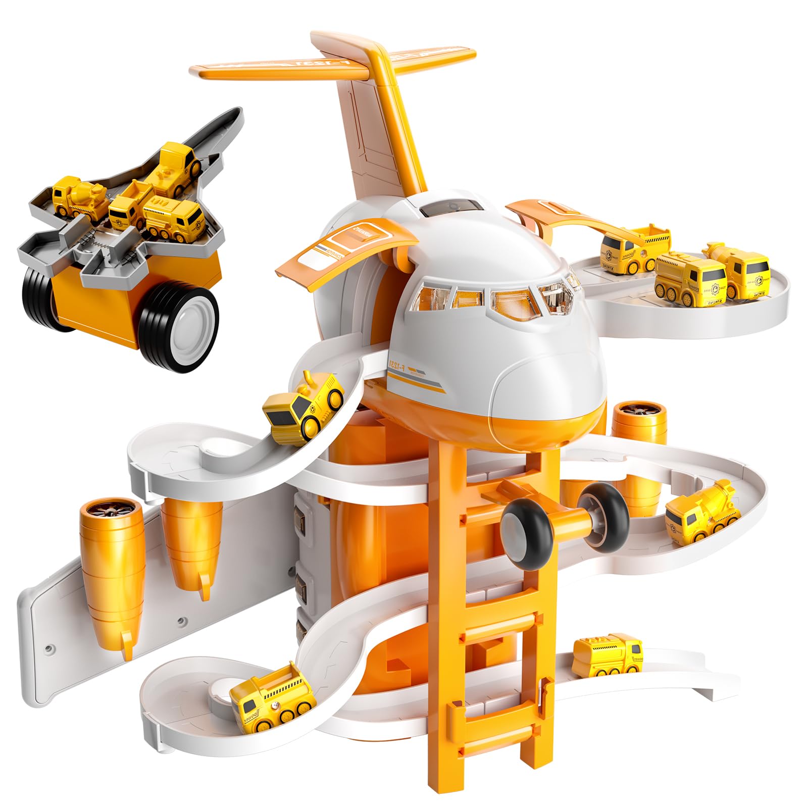 TEMI Kids Airplane Car Toys - Transport Plane Adventure Set for Boys Age 3-6 with 8 Vehicles, Interactive Race Track, Sound & Light Effects