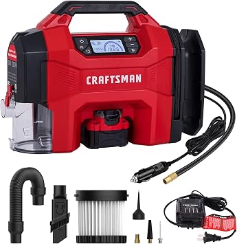 CRAFTSMAN 3-in-1 Cordless Portable Tire Inflator 160 PSI Air Compressor, 4.0Ah Battery & 12V Charger, Car Vacuum, Dust Blower
