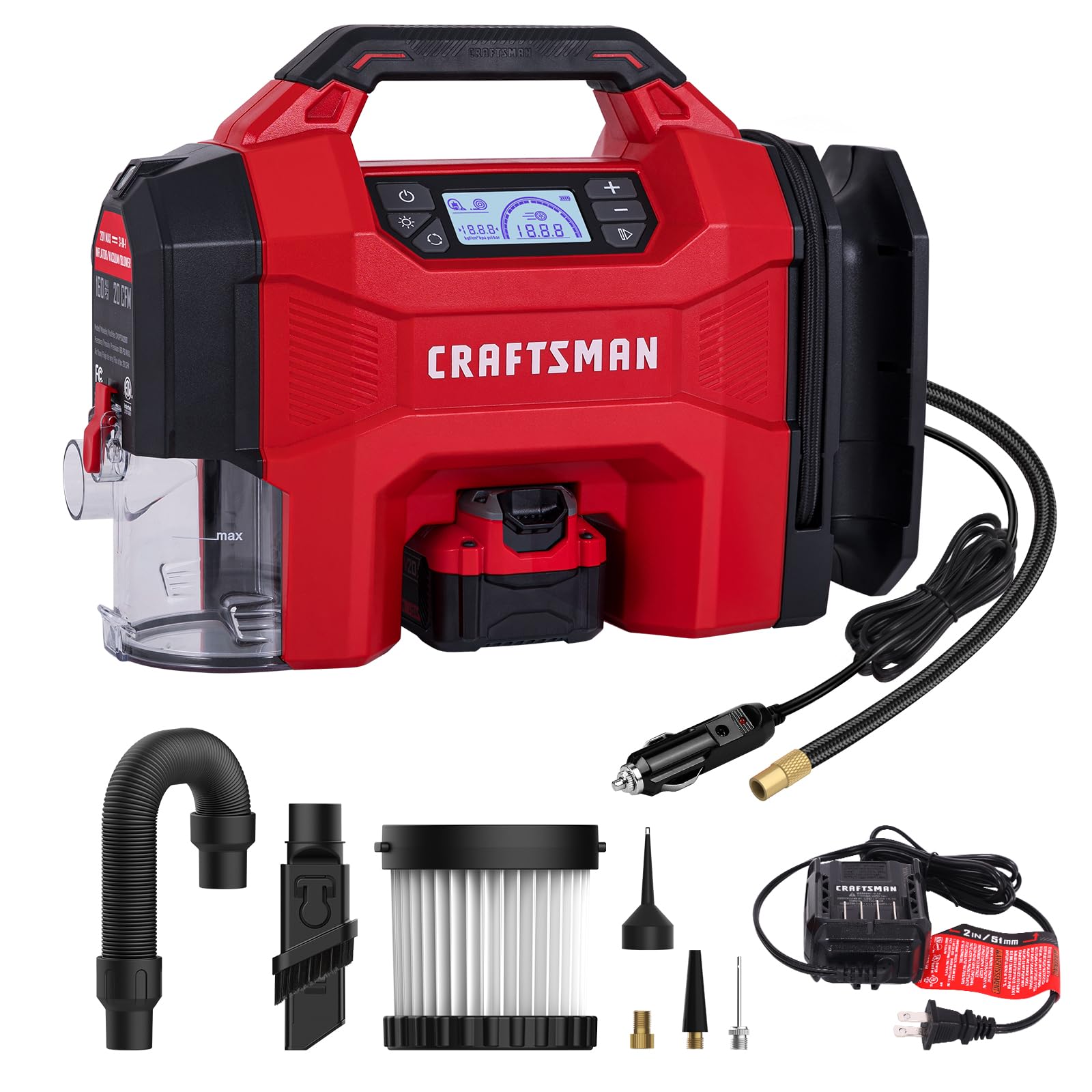 CRAFTSMAN 3-in-1 Cordless Portable Tire Inflator 160 PSI Air Compressor, 4.0Ah Battery & 12V Charger, Car Vacuum, Dust Blower & LED Light for Car, Bike, Ball, Inflatable Mat & SUP