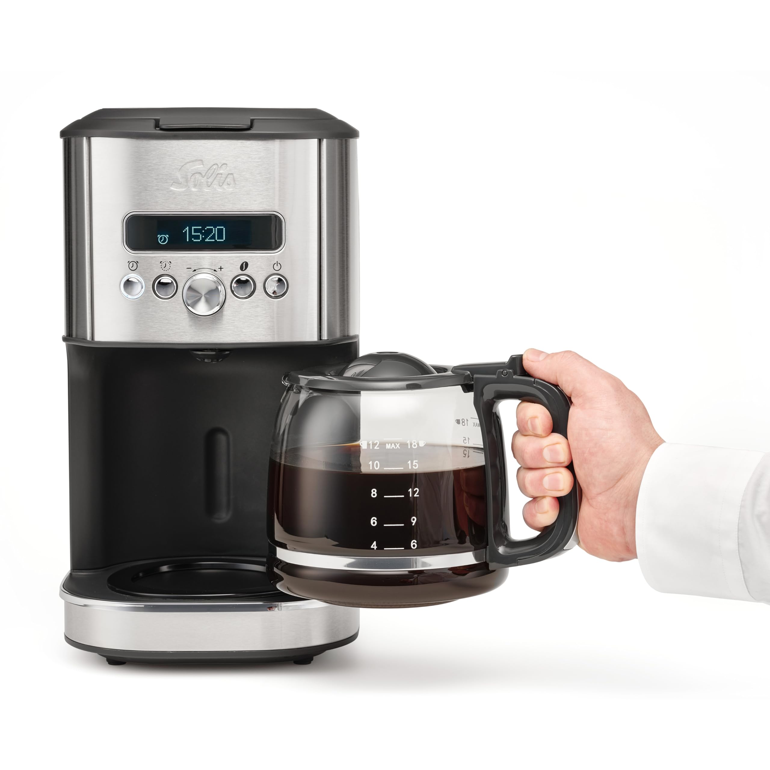 Solis Aroma Brewer przelewowy ekspres do kawy, mały ekspres do kawy z timerem, przełącznikiem wyboru aromatu i funkcją utrzymania ciepła, zaparzacz do kawy ze szklanym dzbankiem o pojemności 1,8 l,