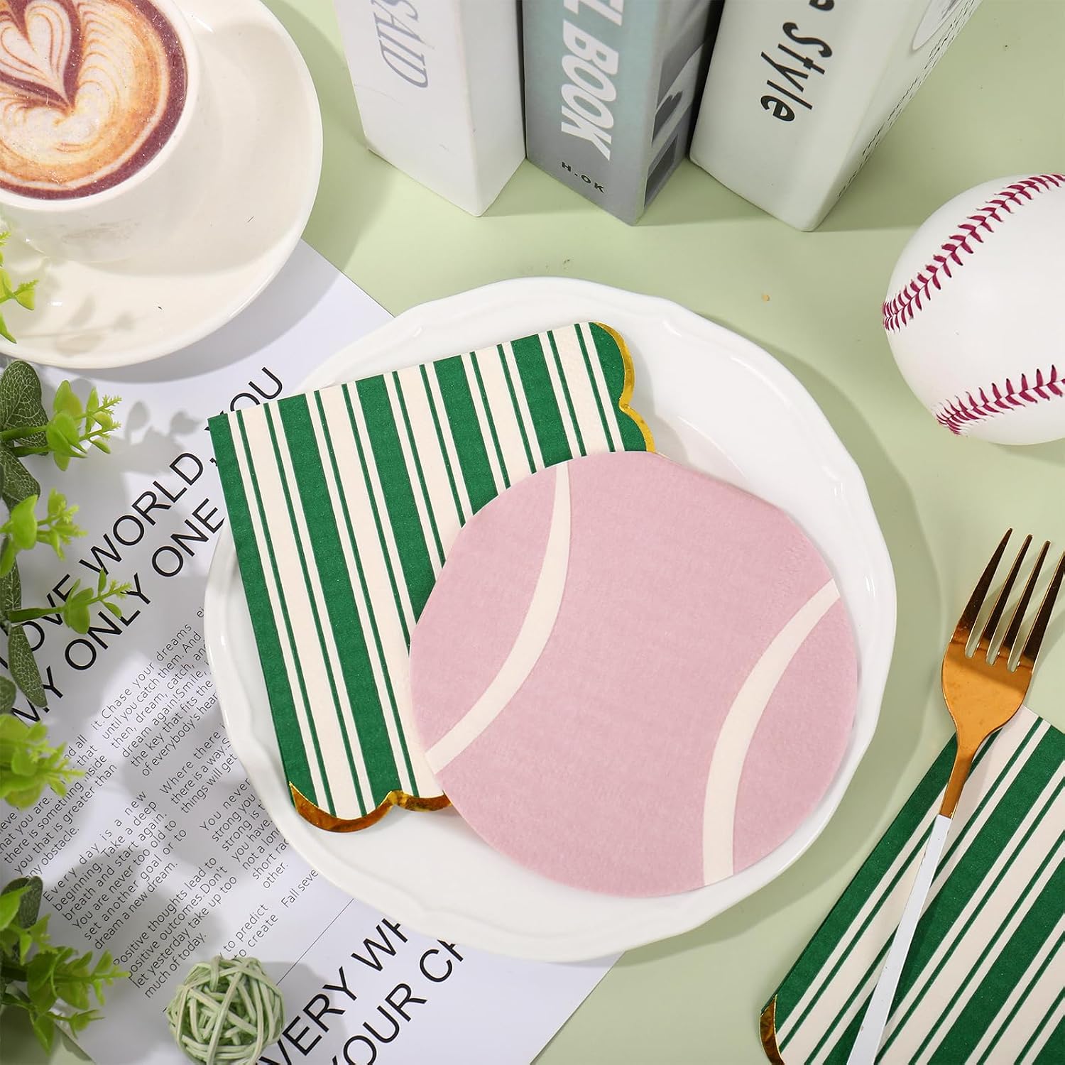 FYSUIMU 100Pcs Tennis Cocktail Napkins Pink Tennis Disposable Paper Napkin Green Stripe Gold Foil Scalloped Beverage Napkin for Sport Themed Birthday Party Supplies Table Decor