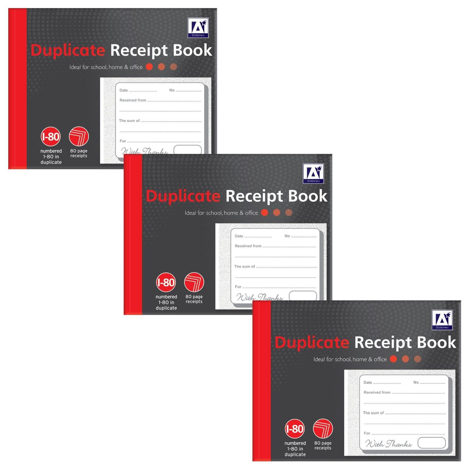 Duplicate Receipt Books Pack 3 Small Business - Invoice Pad Self Employed - Cash Receipt Book Carbon Paper - 80 Numbered Pages Microperforated Tear-Out Sheets