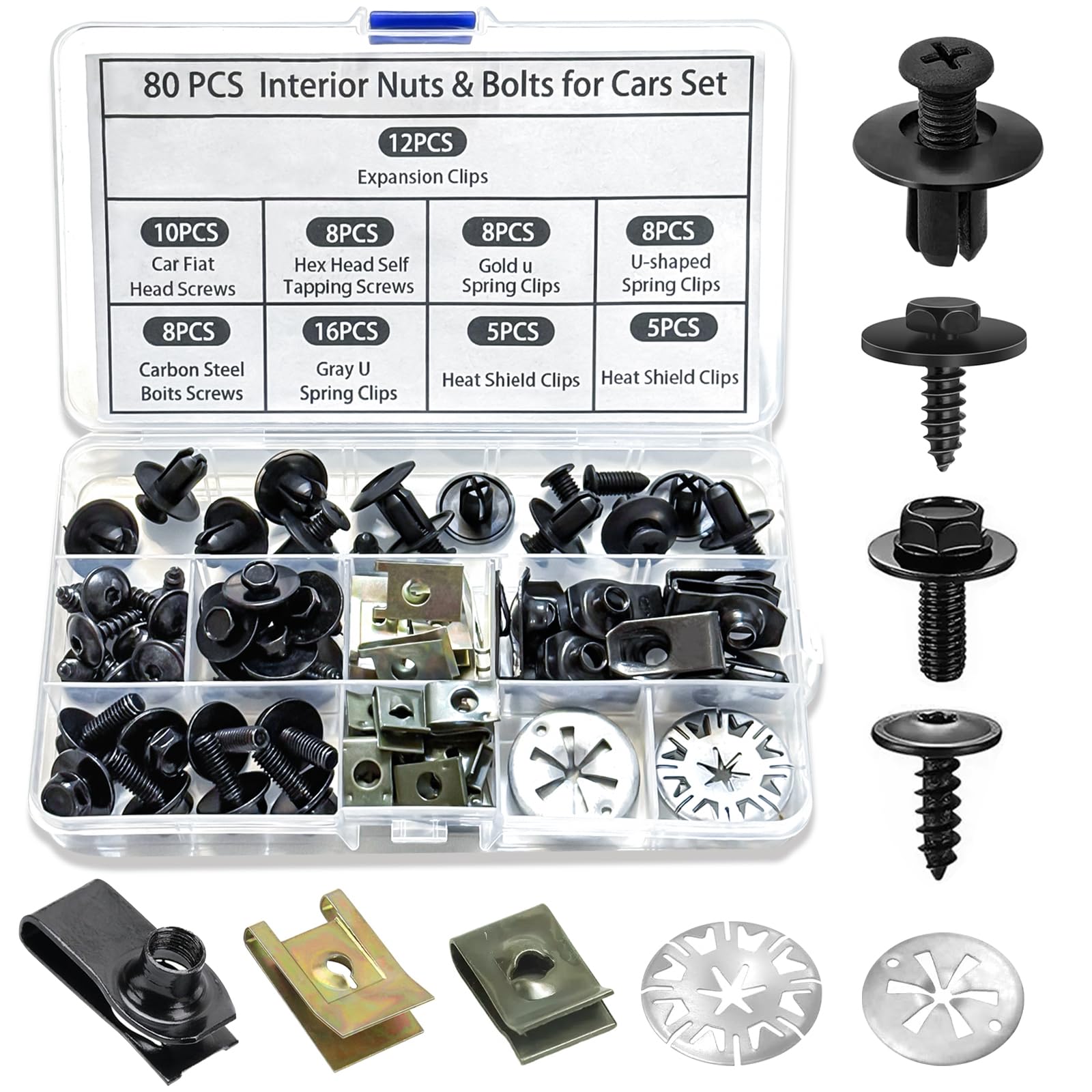 80 Stück Karosserieschrauben Clips Set, Auto Body Undertray Fender Schrauben, Metall U Typ Befestigungsclips, Blechmutter Schraube Mutter Clip Kit für Auto Stoßstange, Undertray, Türverkleidung