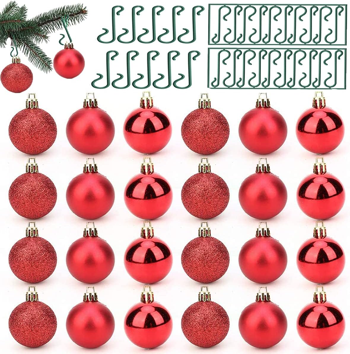 Panlom Pack 24 Christmas Tree Baubles Balls Onaments Shatterproof Decorations Ideal for Christmas Tree -Diameter 4CM Hanging Ball + 30pcs S-Shaped Hangers