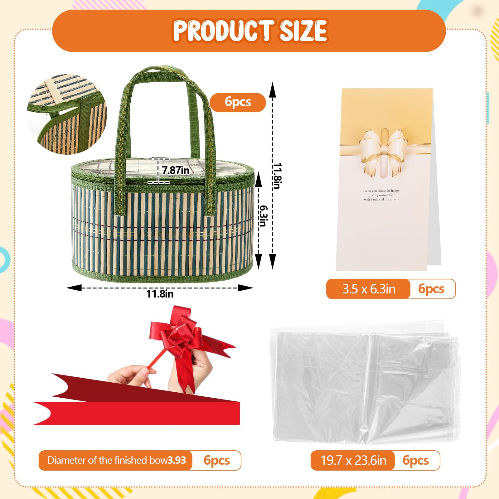 Tioncy Set di 6 cesti regalo vuoti grandi in bambù intrecciato, kit con manici, cesti in cellophane trasparente per baby shower, feste di compleanno, sacchetti regalo per biglietti (verde)