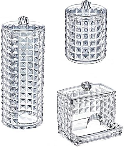 Miniatura 3 de Juego de 3 organizadores de maquillaje de baño, bola de algodón de plástico acrílico con diseño de diamante, almohadilla de algodón y soporte para