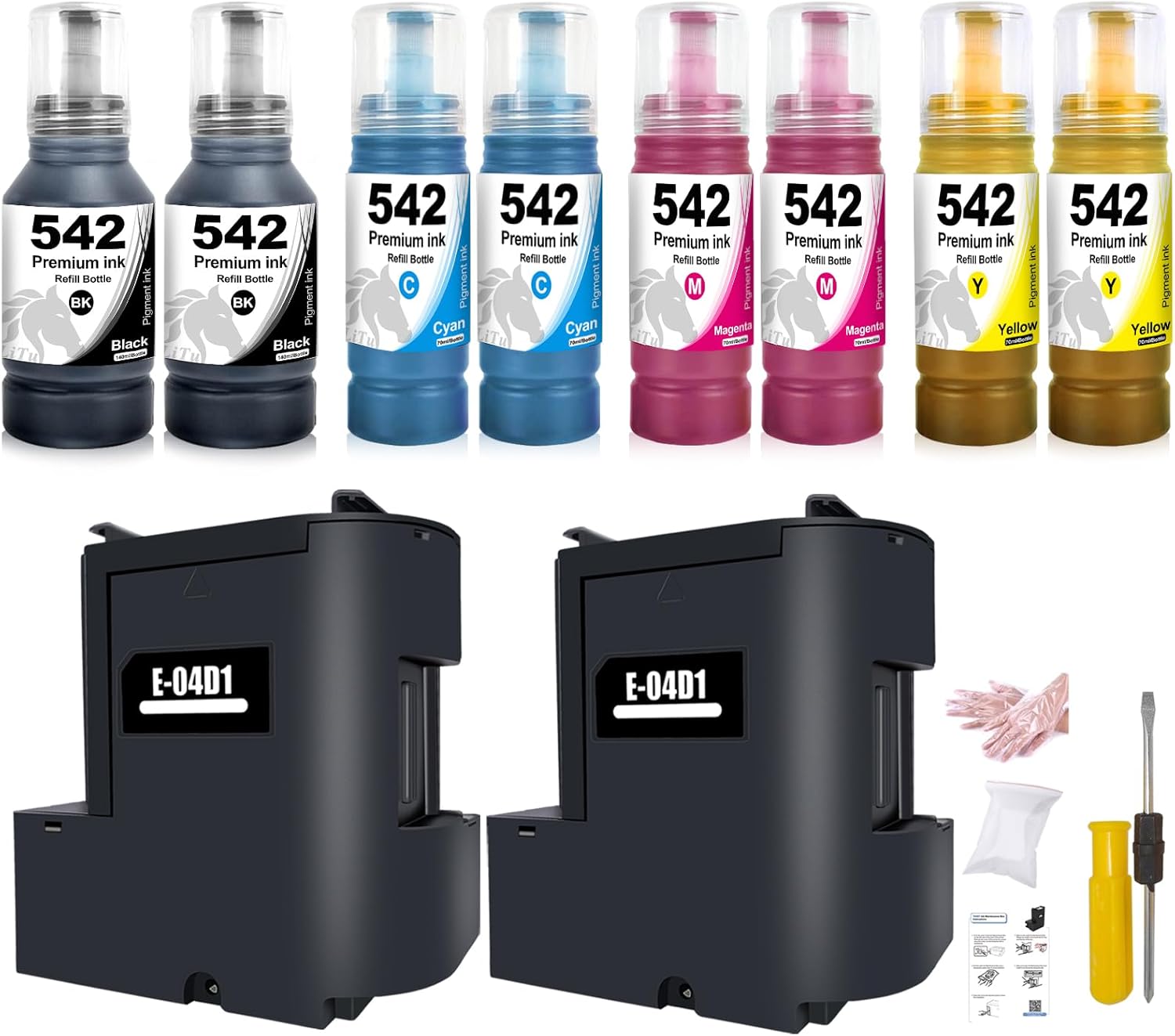 Compatible T542 542 Ink Refill Bottles and T-04D1 Ink Maintenance Box Remanufactured for ET-5150 ET-5170 ET-5180 Printers (Combo Pack, 542 2BK+2C+2M+2Y and T-04D1 2-Pack)