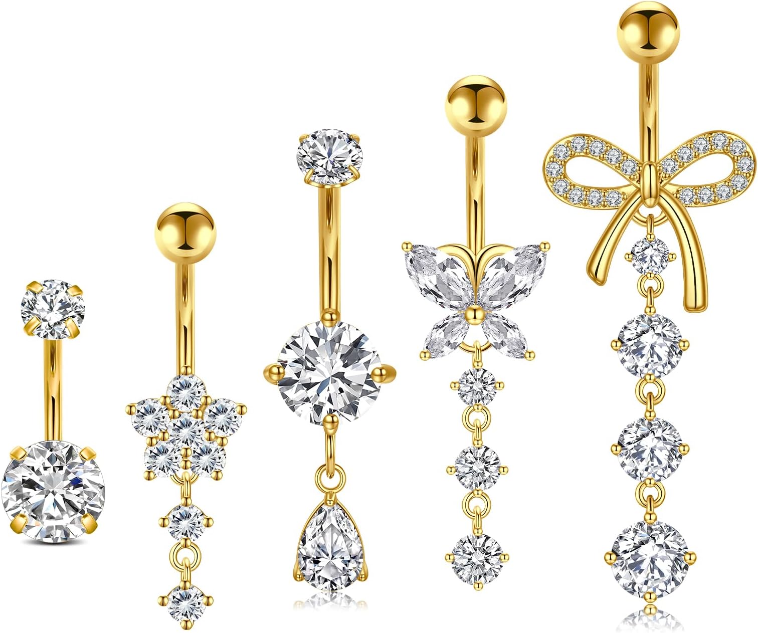 LAURITAMI 14G Dangle Belly Button Rings Set Navel Piercing Jewelry - Smooth Edges for Summer Outfits, 1.6mm Silver Tone CZ Butterfly Heart Flower Rings 5 Pcs