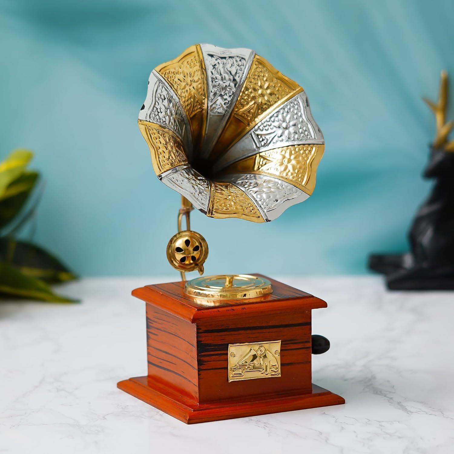 JaipurCrafts Premium Sparkle Square Gramophone Showpiece - 23 cm (Brass, Brown, Gold) (Black, Gold) (Multicolor), Decorative Items for Home Decor