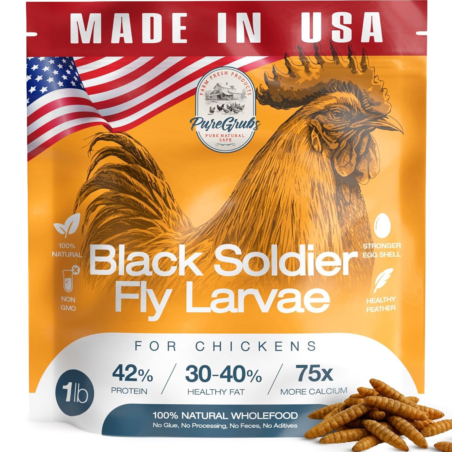 USA Grown Black Soldier Fly Larvae for Chickens - 100% Natural Dried Mealworms for Chickens - Grubs with 85X More Protein Chicken Treats for Laying