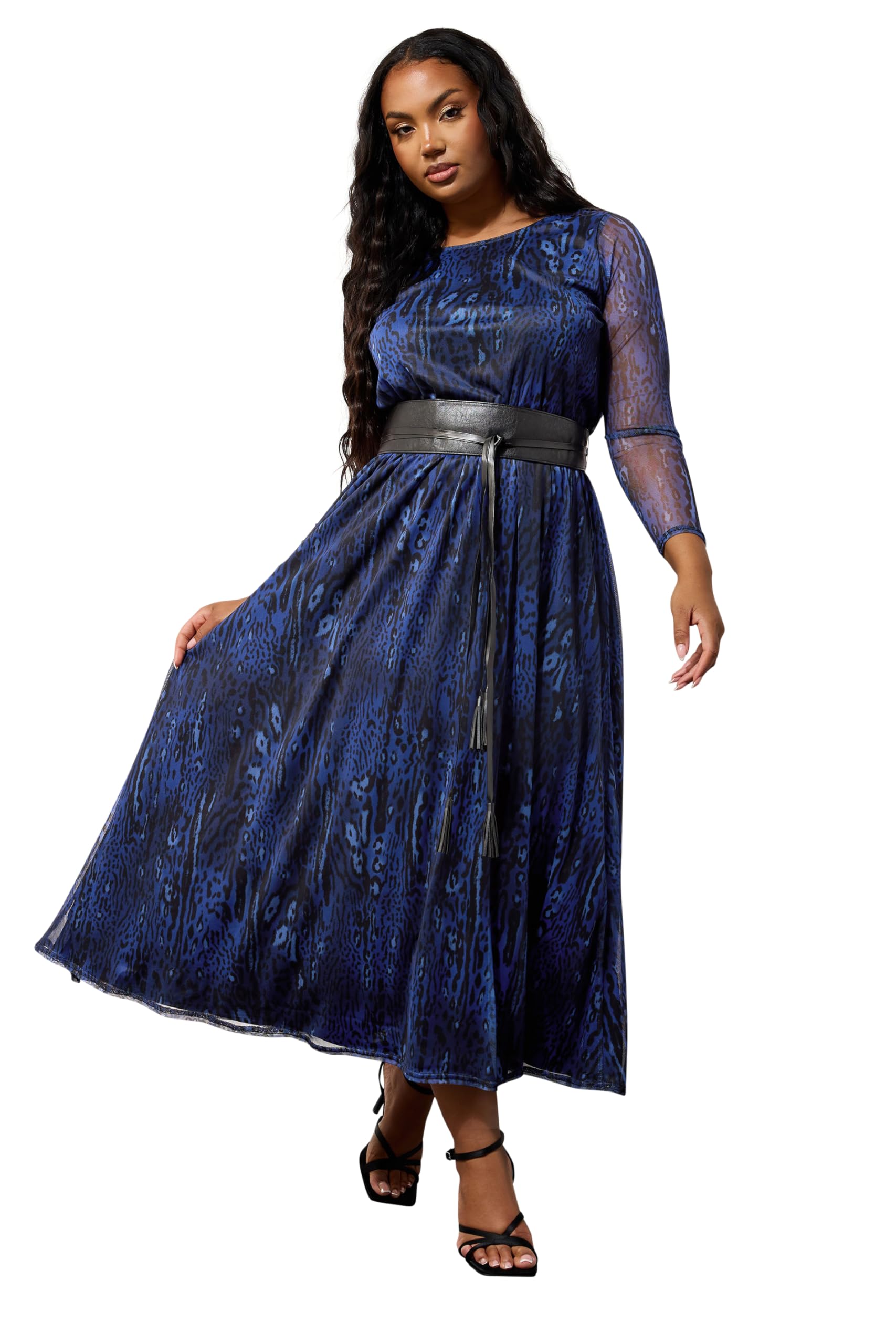 Yours London Curve Animal Print Mesh Maxi Dress with Belt - Women's - Plus Size Curve Blue